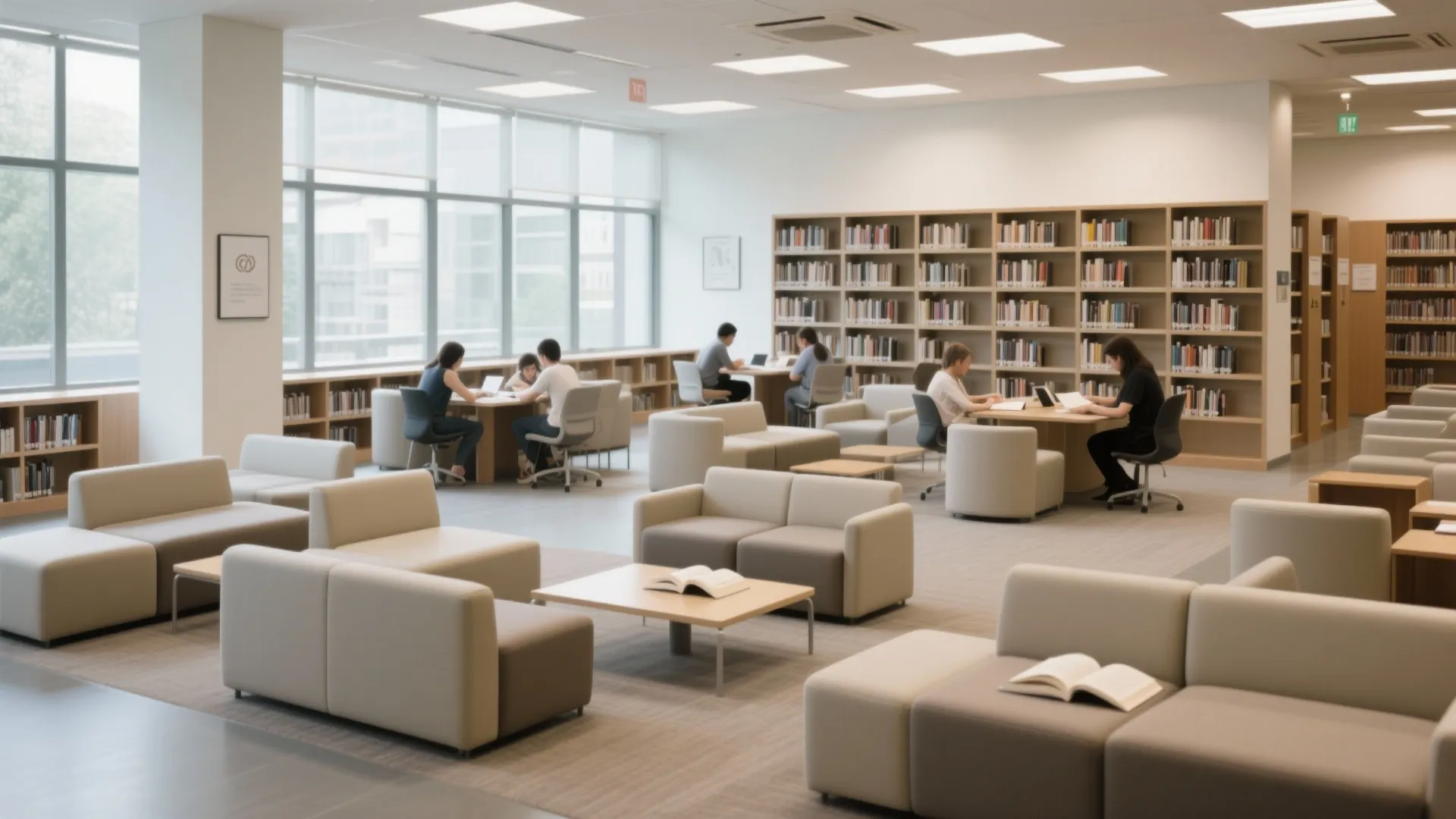 Public library interior with modular sofa seating wooden bookshelves and students studying at large tables
