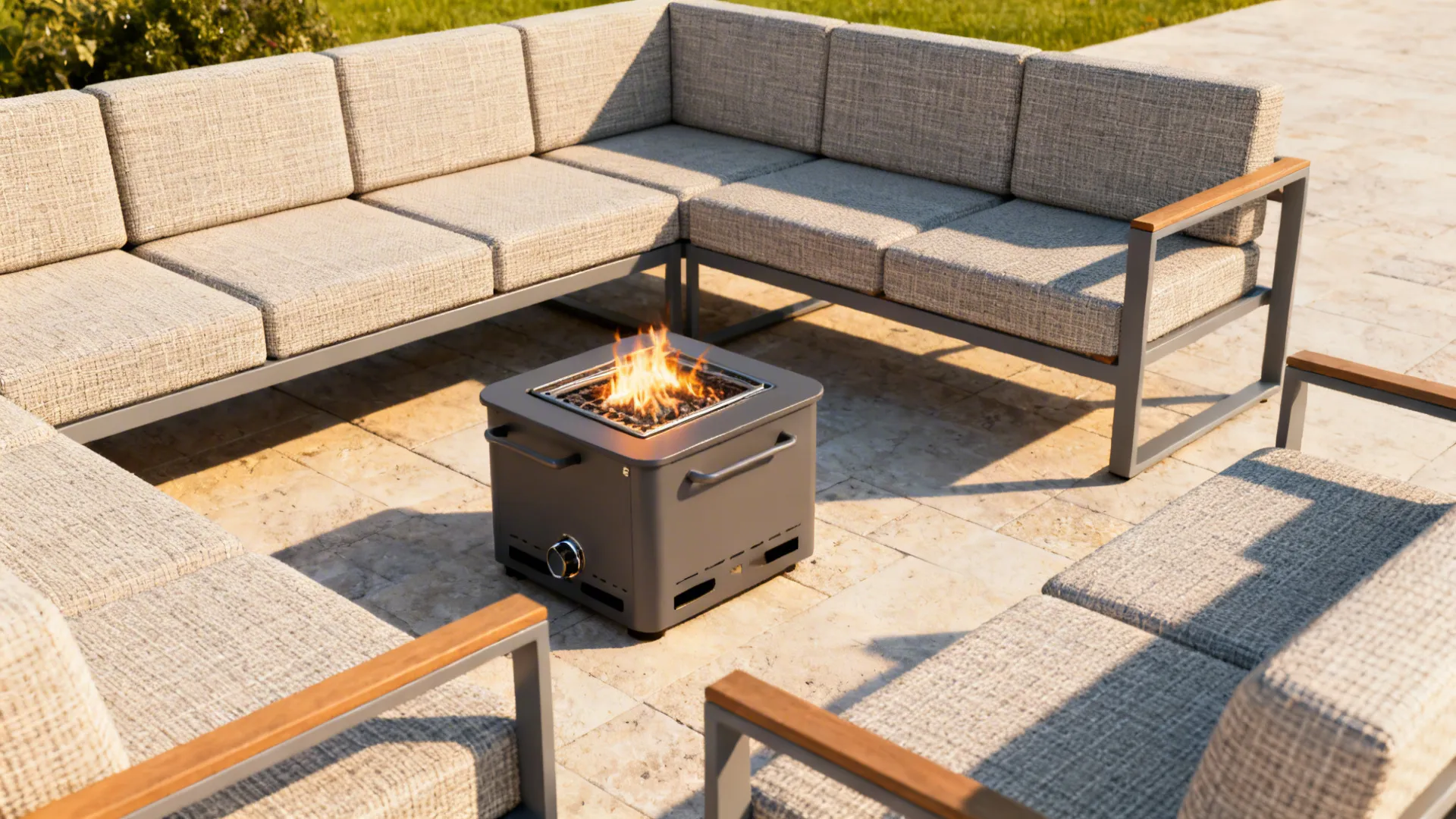 Modular outdoor seating arranged around a portable propane fire pit, showing reconfigurable layout.