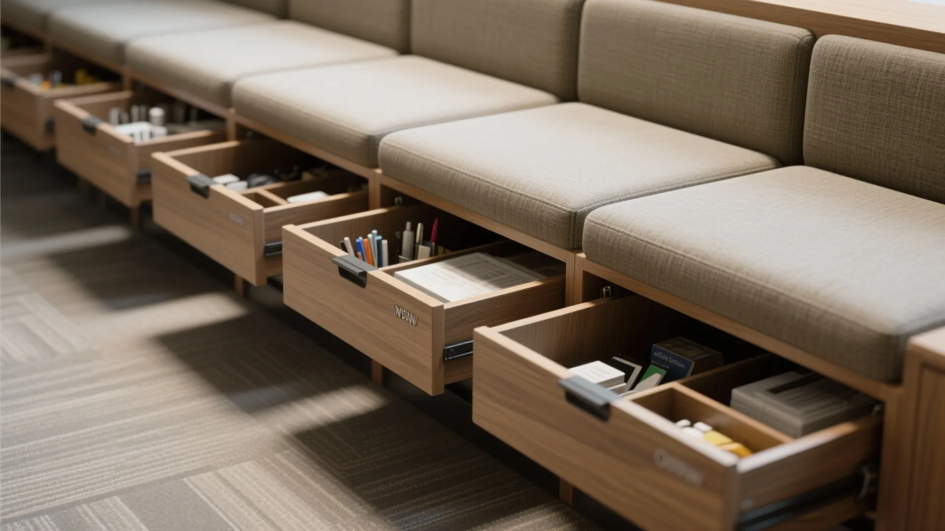 Close-up of modular benches with hidden compartments storing office supplies