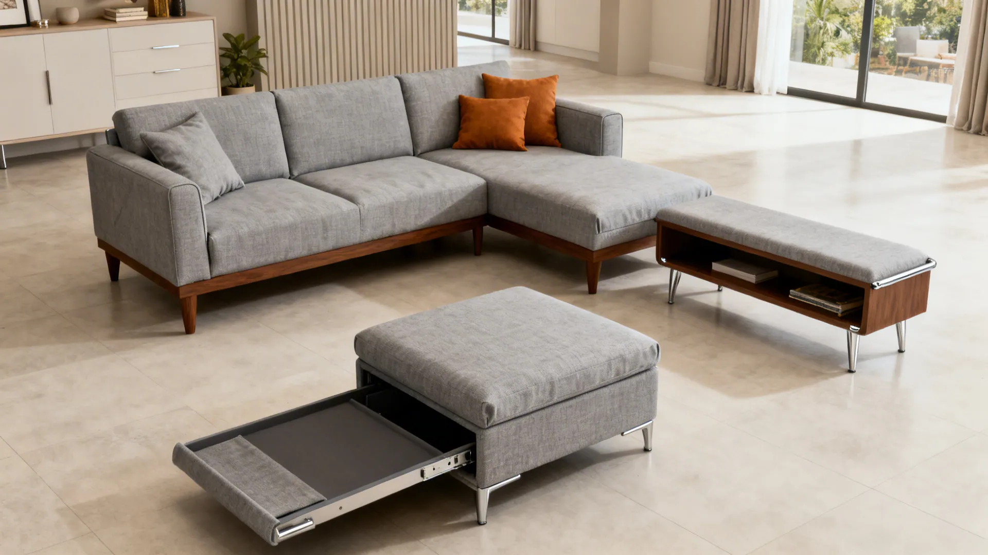 Compact modular sofa with legged base, storage ottoman, and slim storage bench in a small living room.