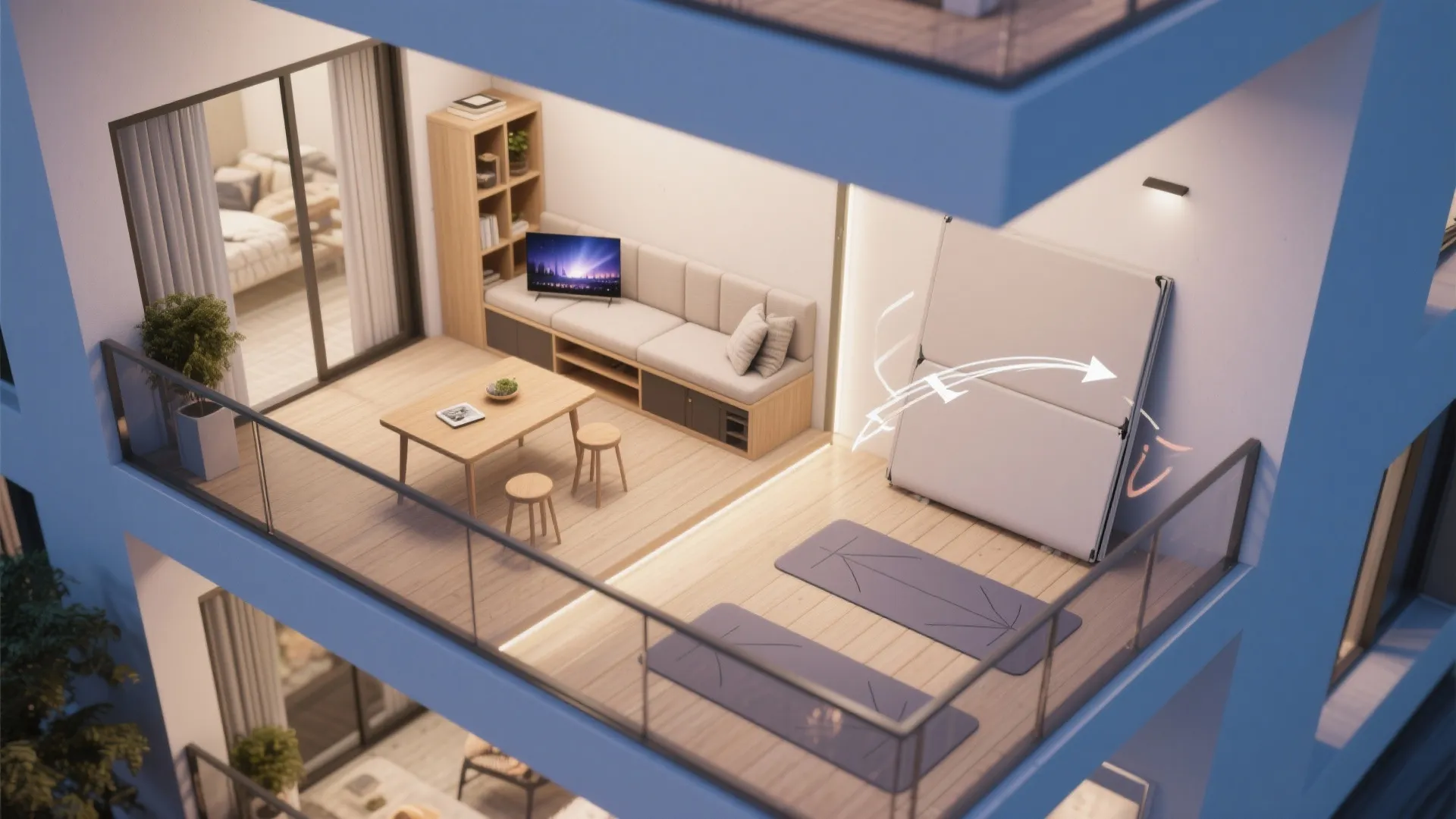 Modular seating with fold-and-slide elements