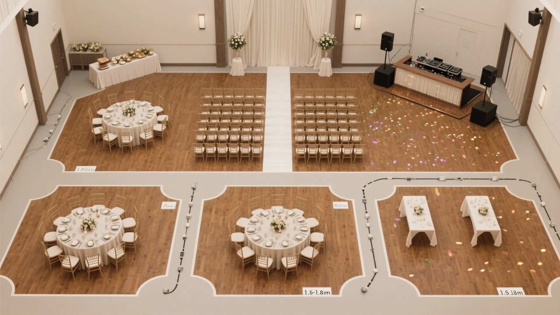 Top view interior design drawing of a large wedding hall with tables and chair seating