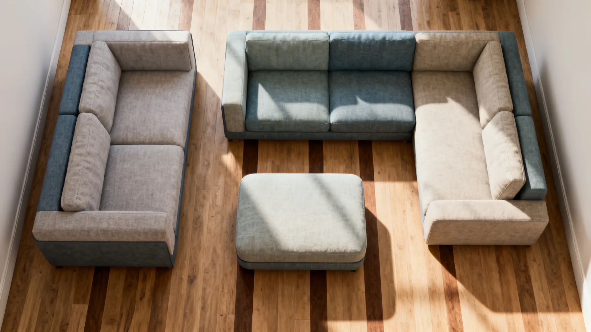 Top-down visualization of modular sofa modules arranged in different configurations for a small room.