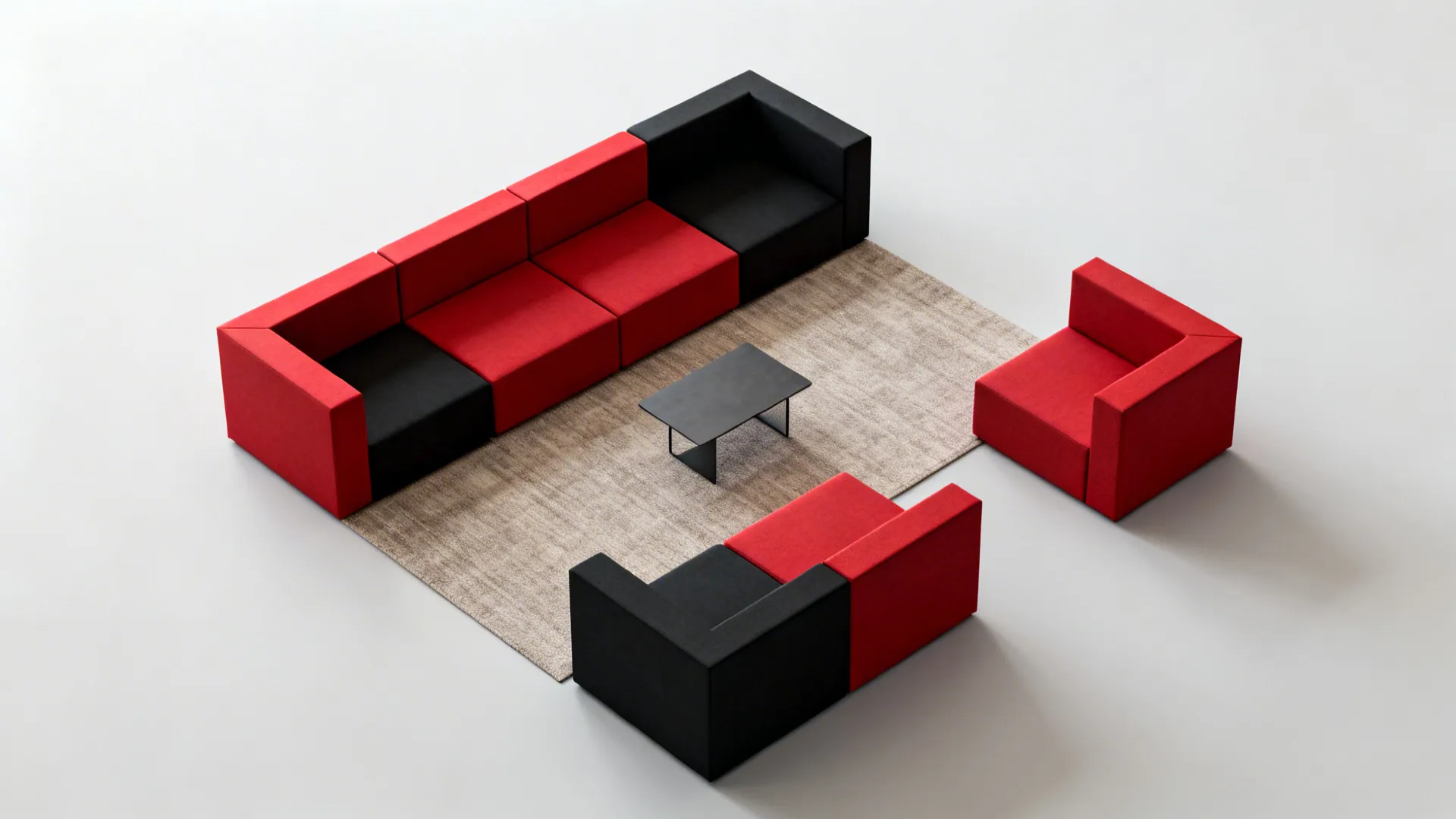 Top-down layout of modular red and black seating configurations in a compact living room.