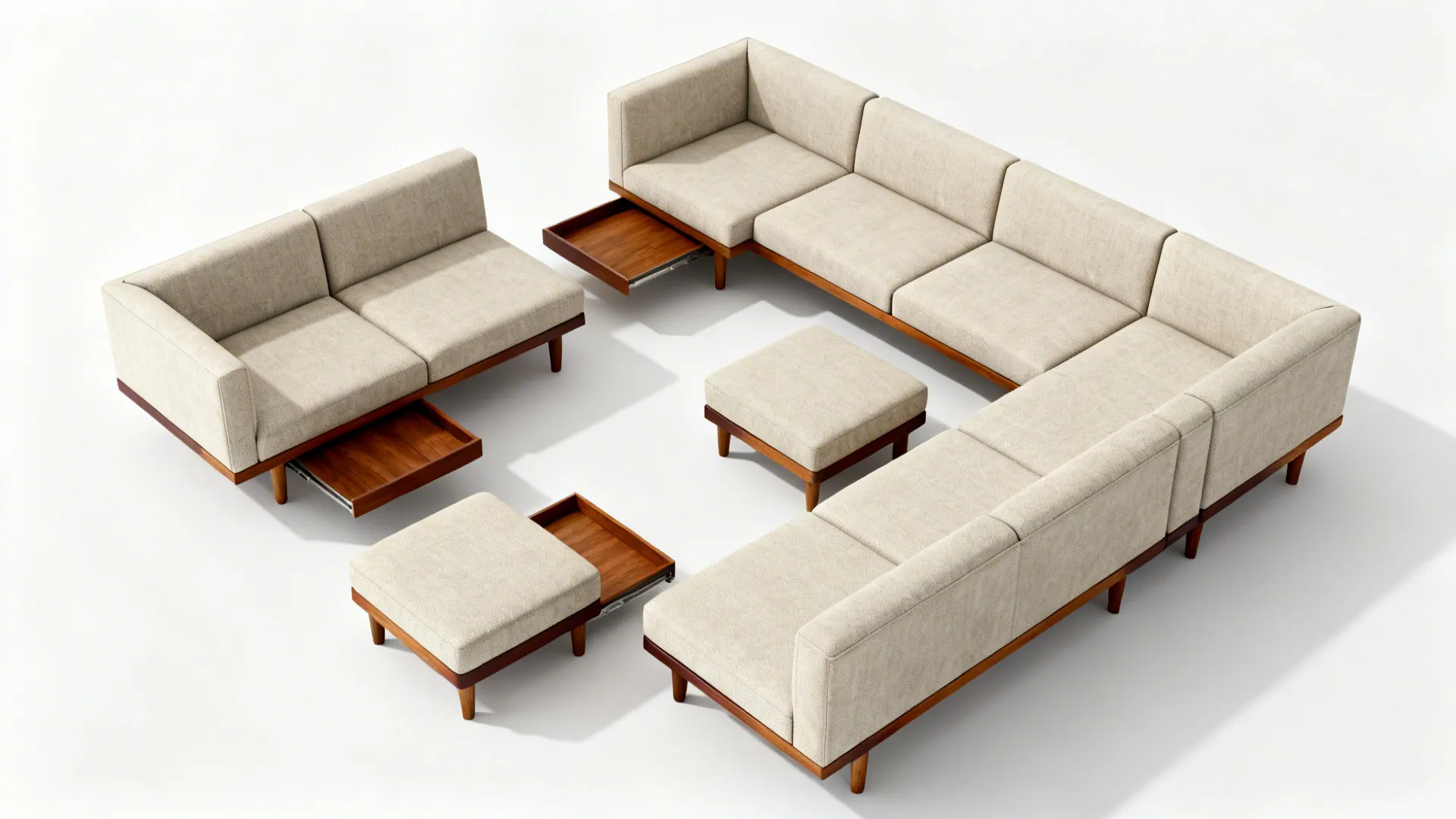 Top-down view of modular mid-century seating with ottomans reconfigured for flexible living.