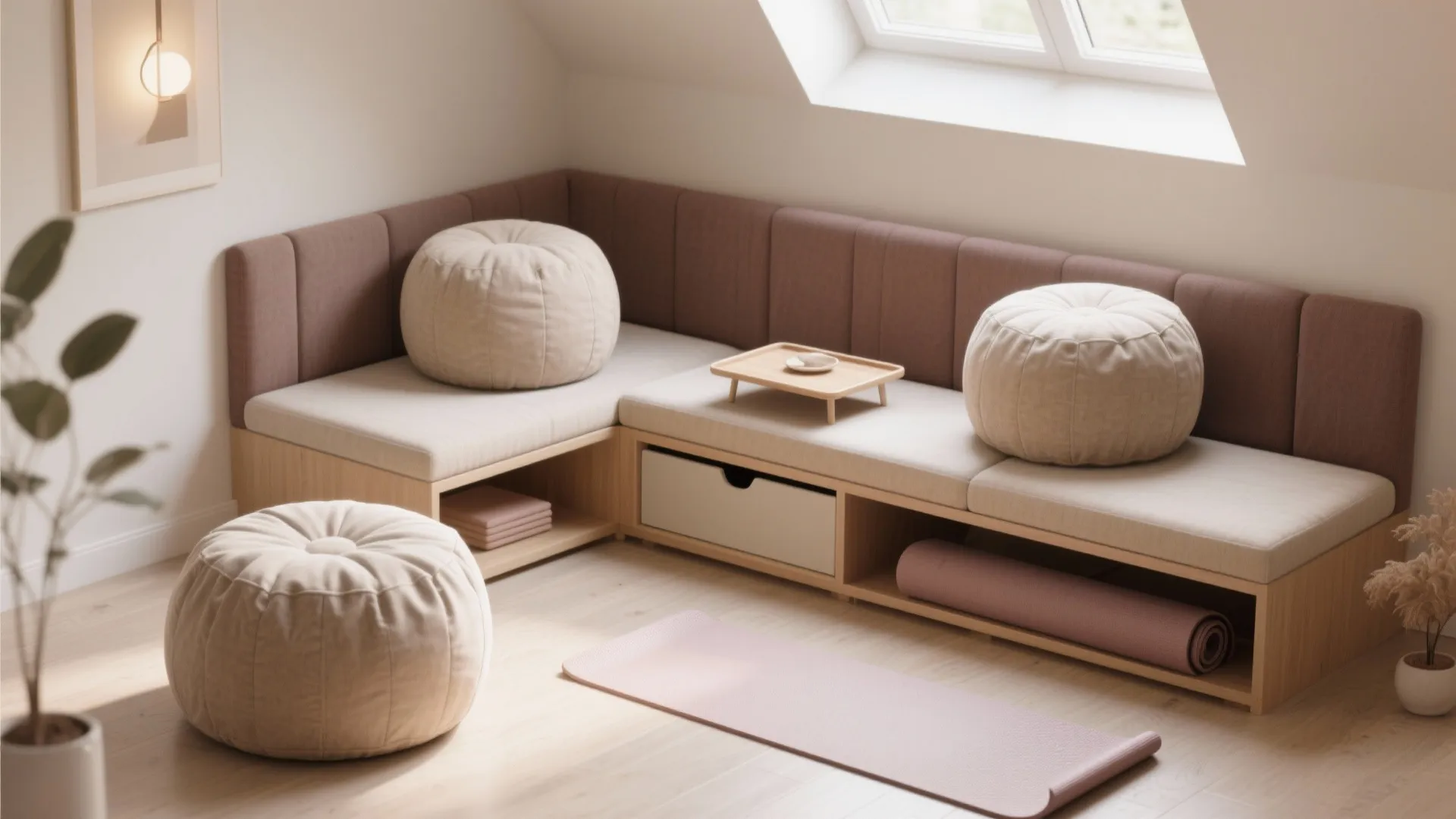 Compact room with matching poufs, a slim storage bench, and a foldable yoga mat hidden underneath.