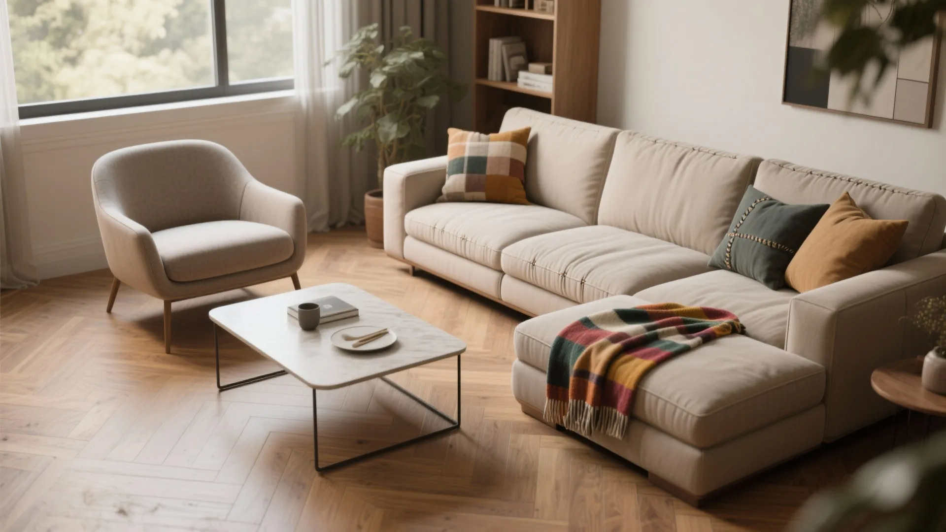 Living room with large cream sofa marble coffee table armchair wooden floor and large bright window