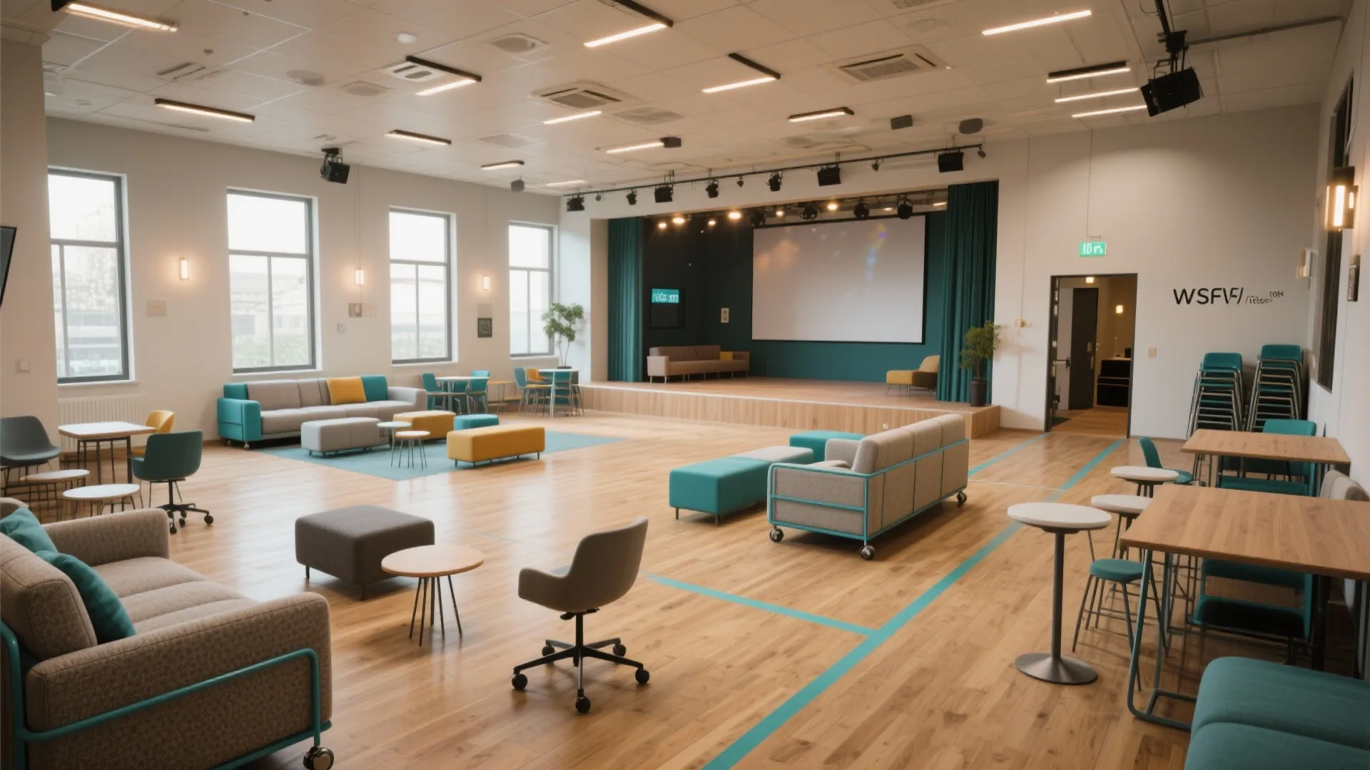 Modern community hall interior design with stage projector screen modular sofas and wooden floor layout