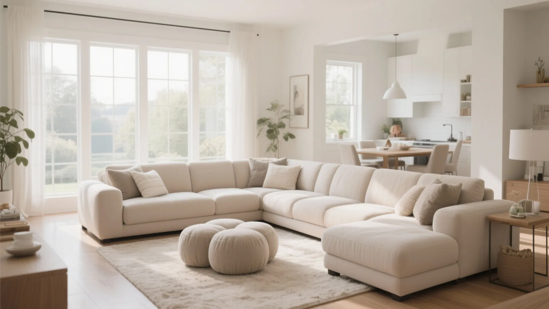 Large cream corner sofa in bright living room with white rug, footrest, and big windows