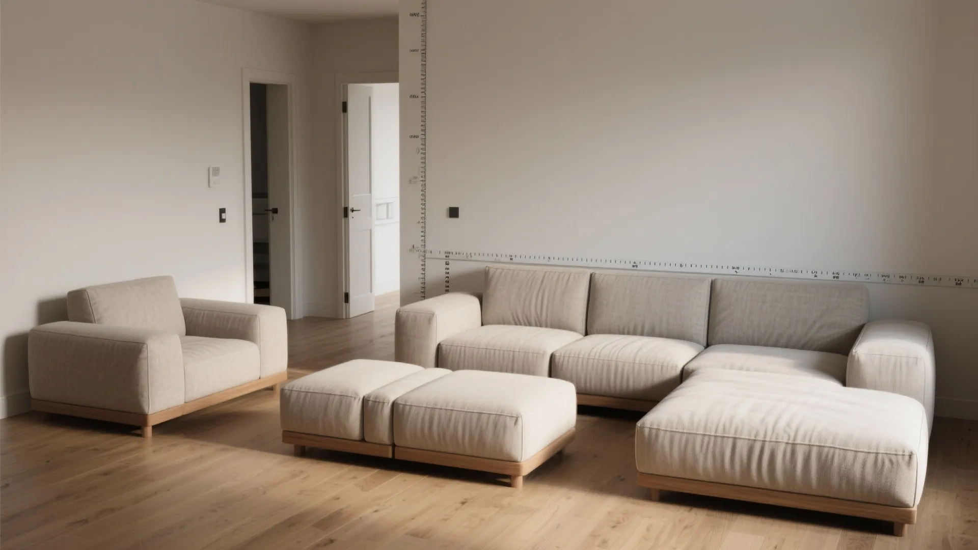 Beige modular sofa with footrest on wooden floor against white walls and a height scale