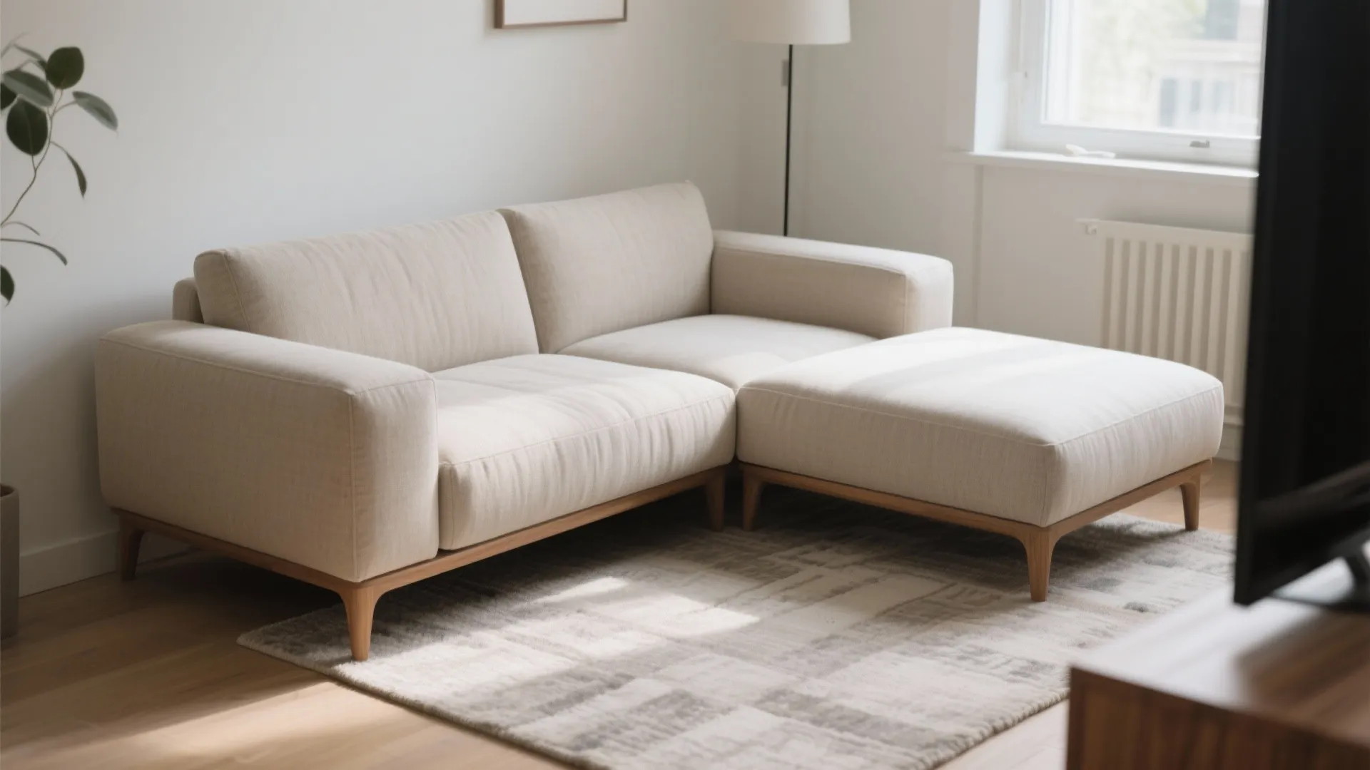 Beige modular sofa with wood legs on a pattern rug near a window and lamp
