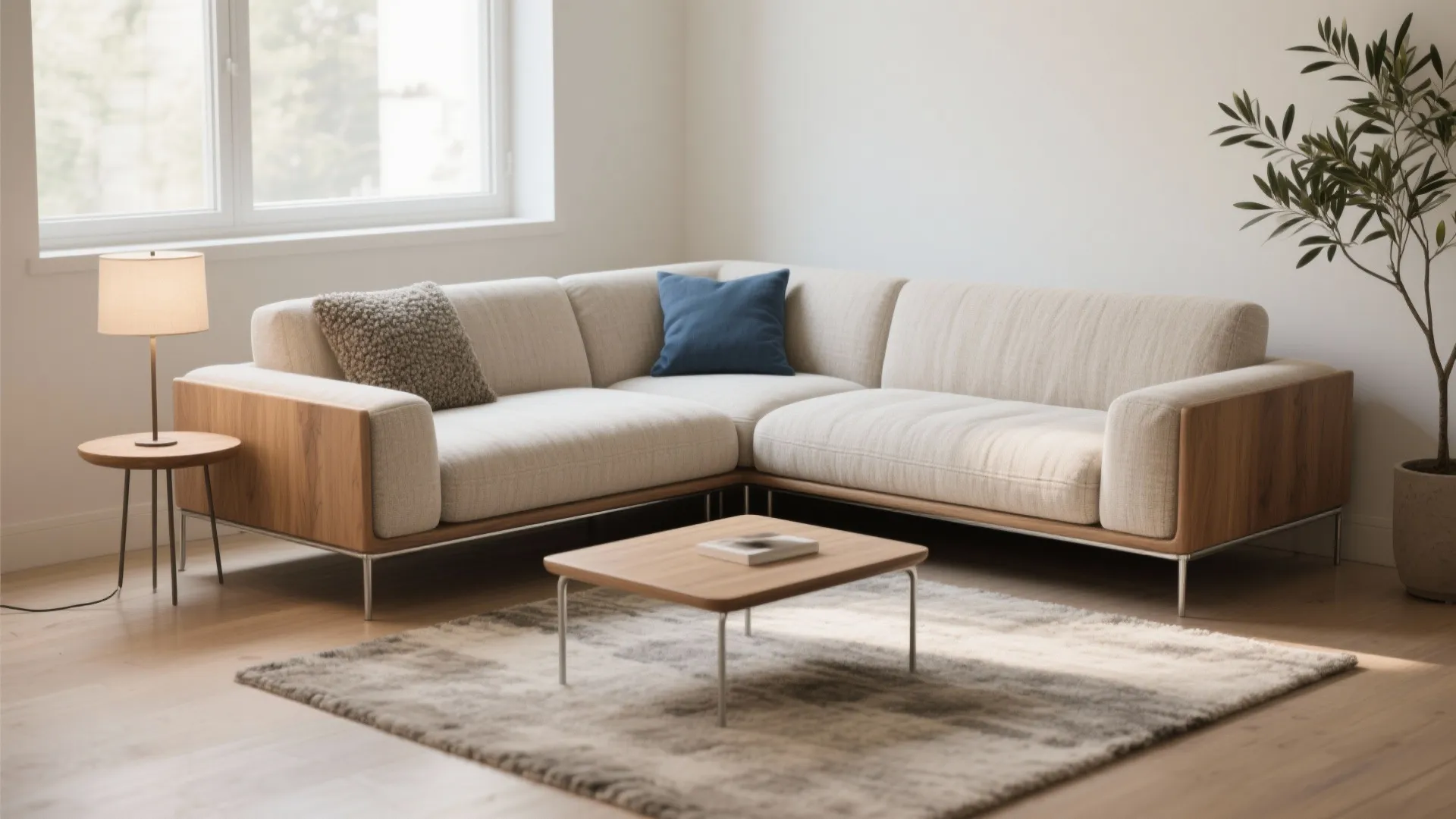 Cream sectional sofa with wood frame in bright living room with rug and side table
