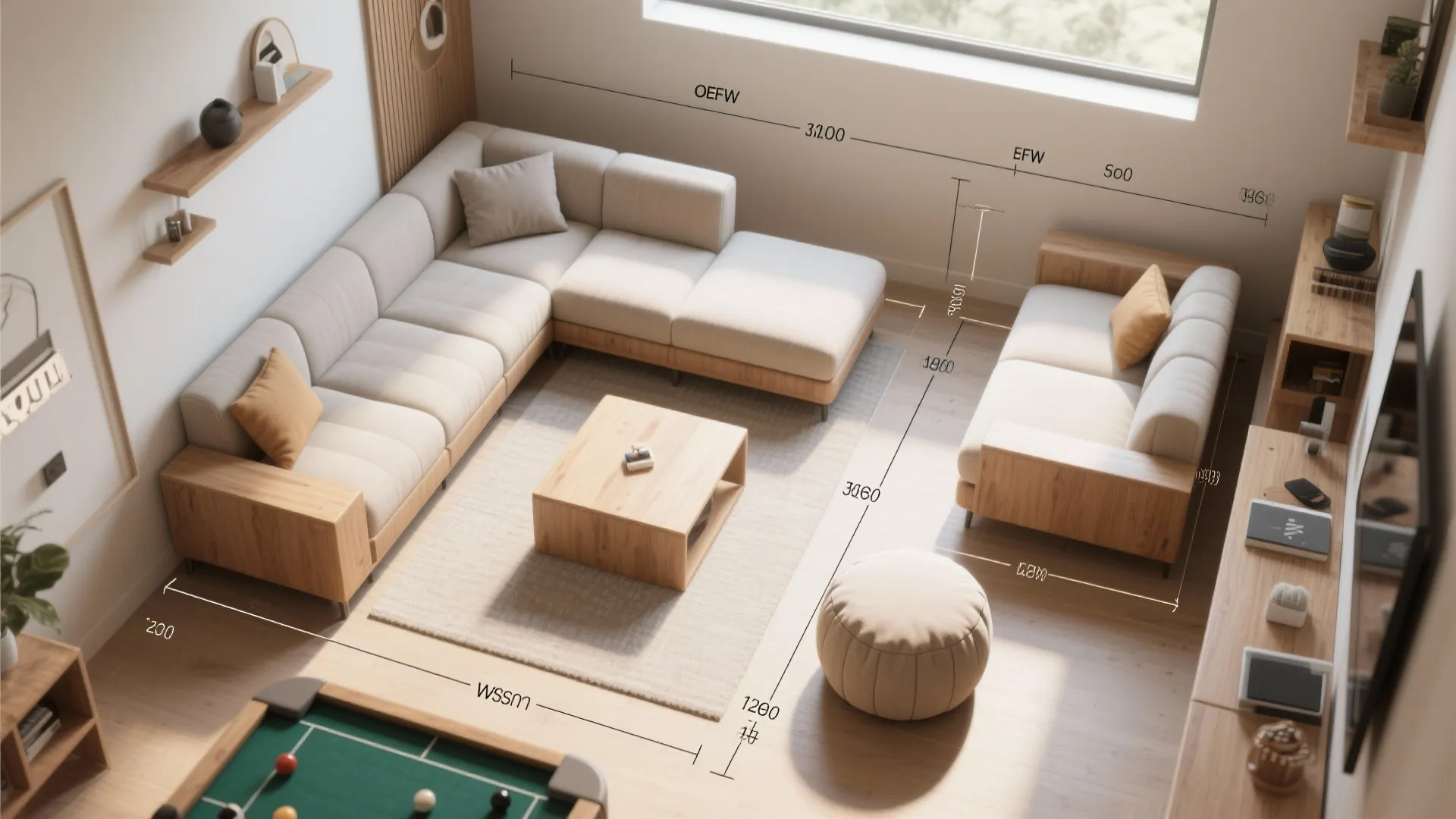 Interior design drawing showing a large sofa layout with measurements for a modern living room
