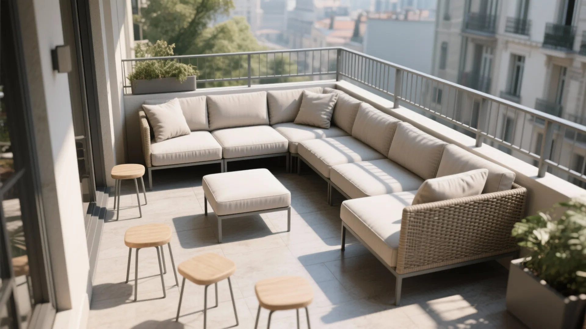 Large outdoor corner sofa with beige cushions, matching footrest, and four wooden stools on balcony