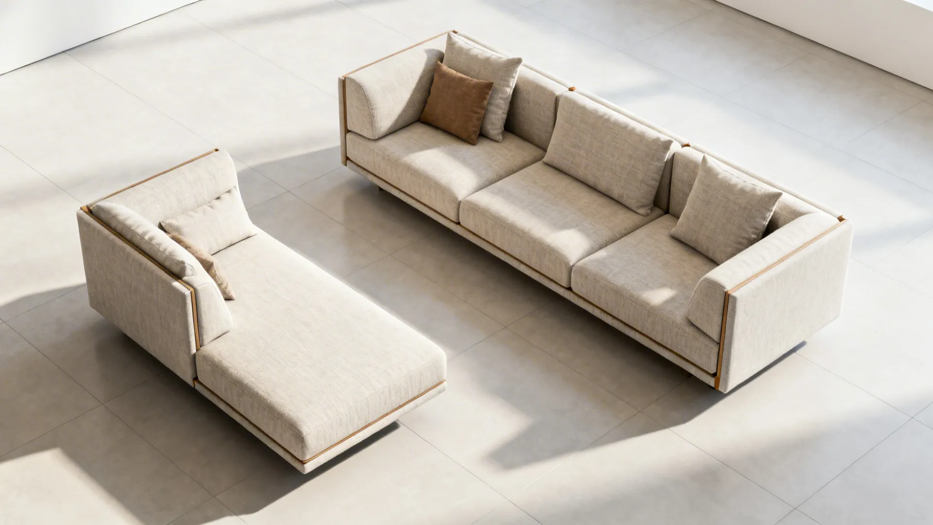 Modular sectional pieces reconfigured into chaise and separate seating in a small living room.
