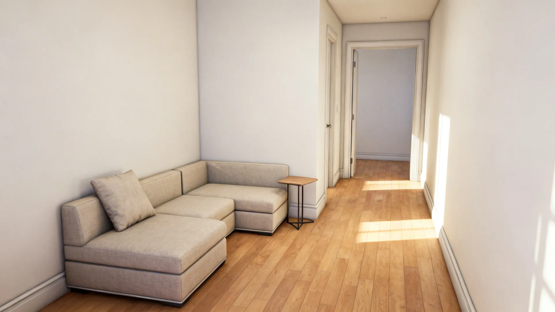 Narrow living room with an apartment-sized modular sectional and chaise arranged for good flow.