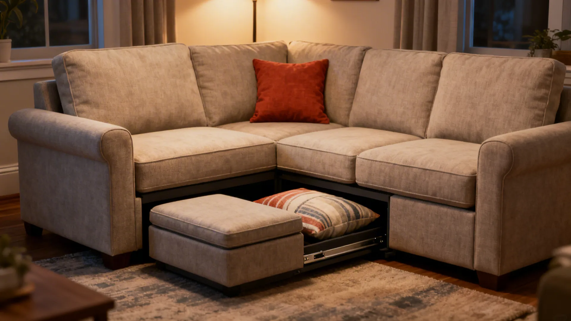 Compact modular Room to Go sectional reconfigured to show flexible seating and a pull-out ottoman