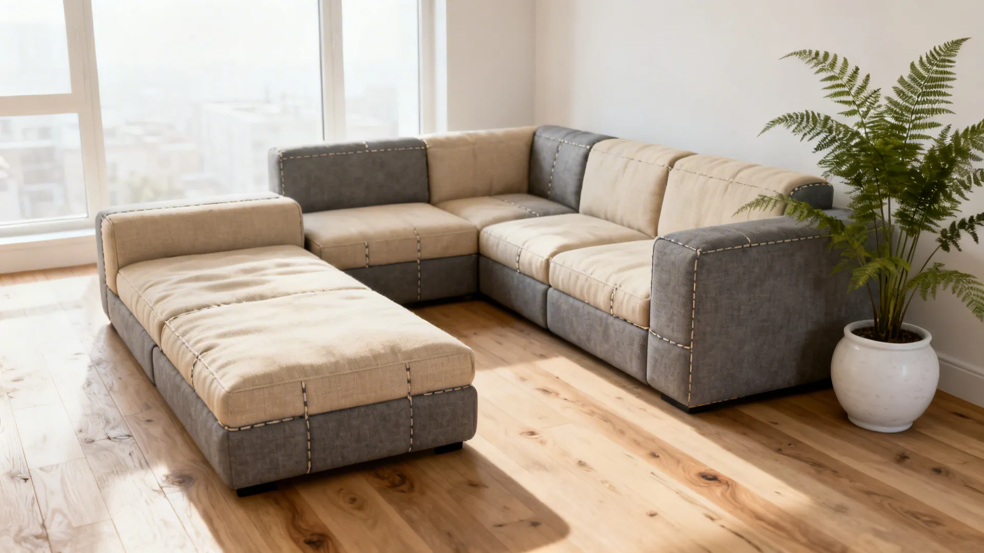 Compact modular sectional with chaise detached to form a daybed and a clear pathway