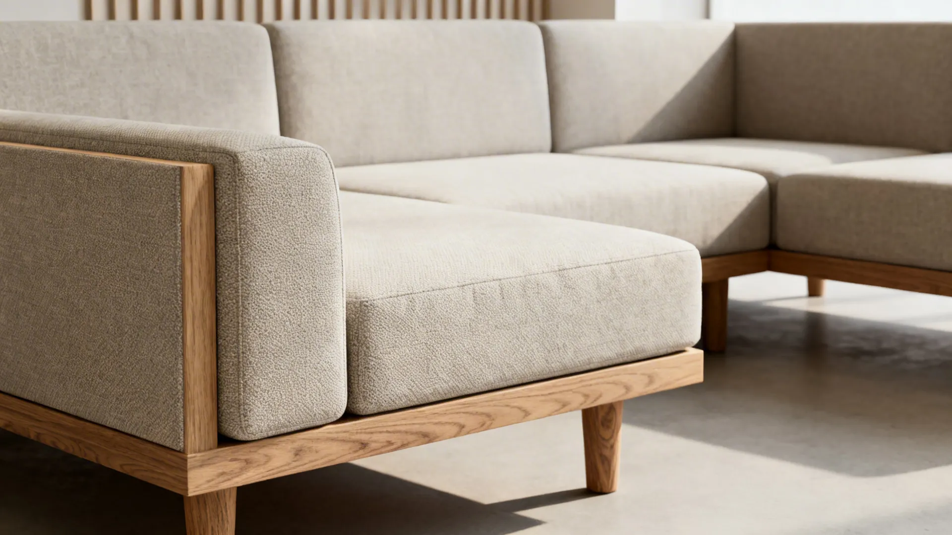 Low-profile modular sectional sofa in a compact modern living room with washable upholstery