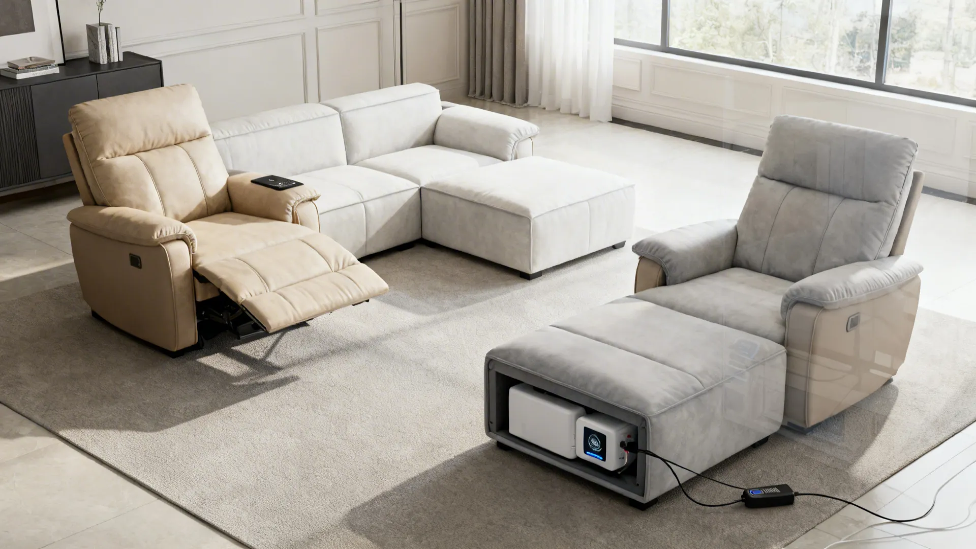 Modular recliner sectional showing configurable modules and discreet power connections.