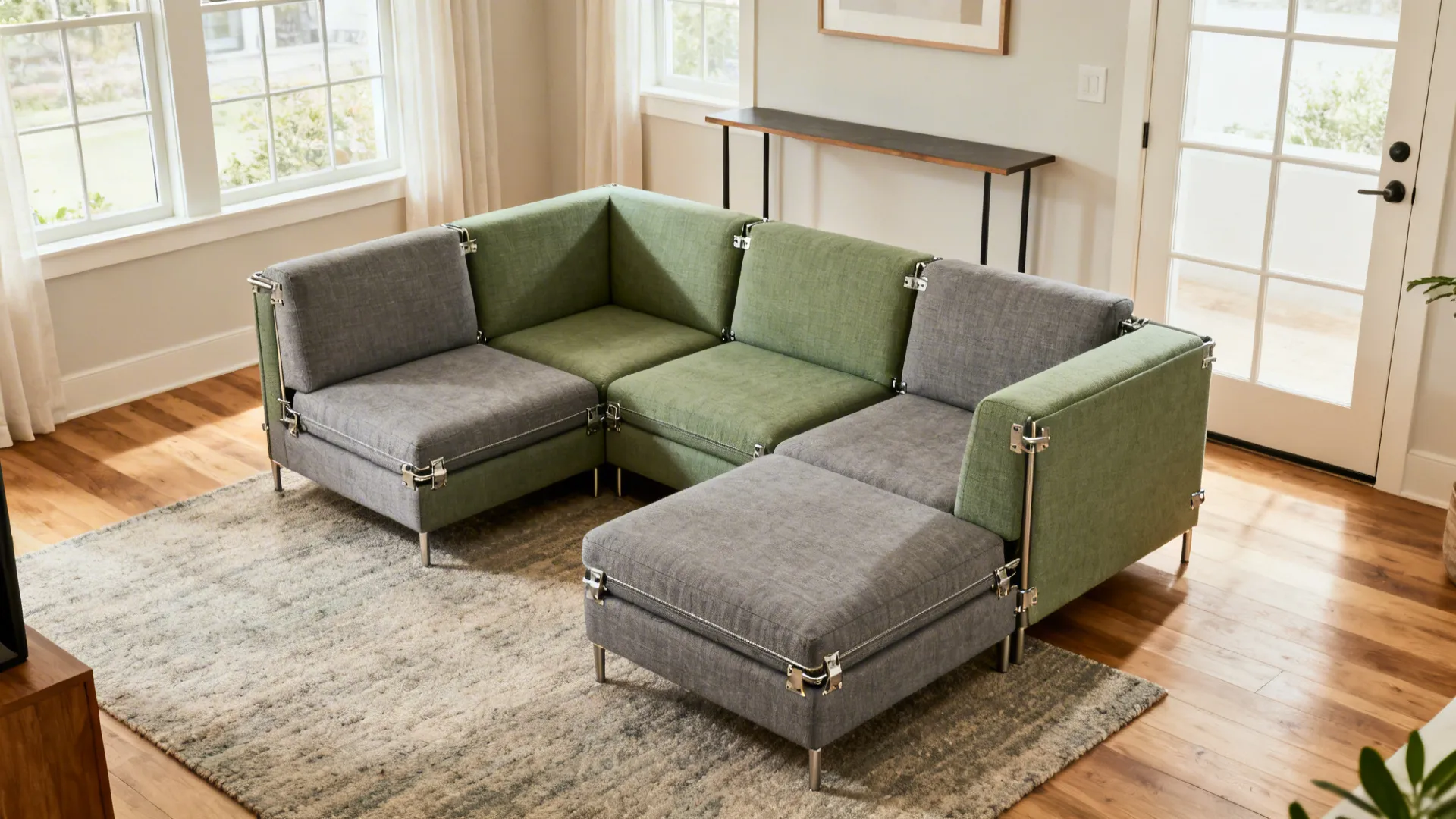 Compact modular sectional with reversible chaise in a small, airy living room.