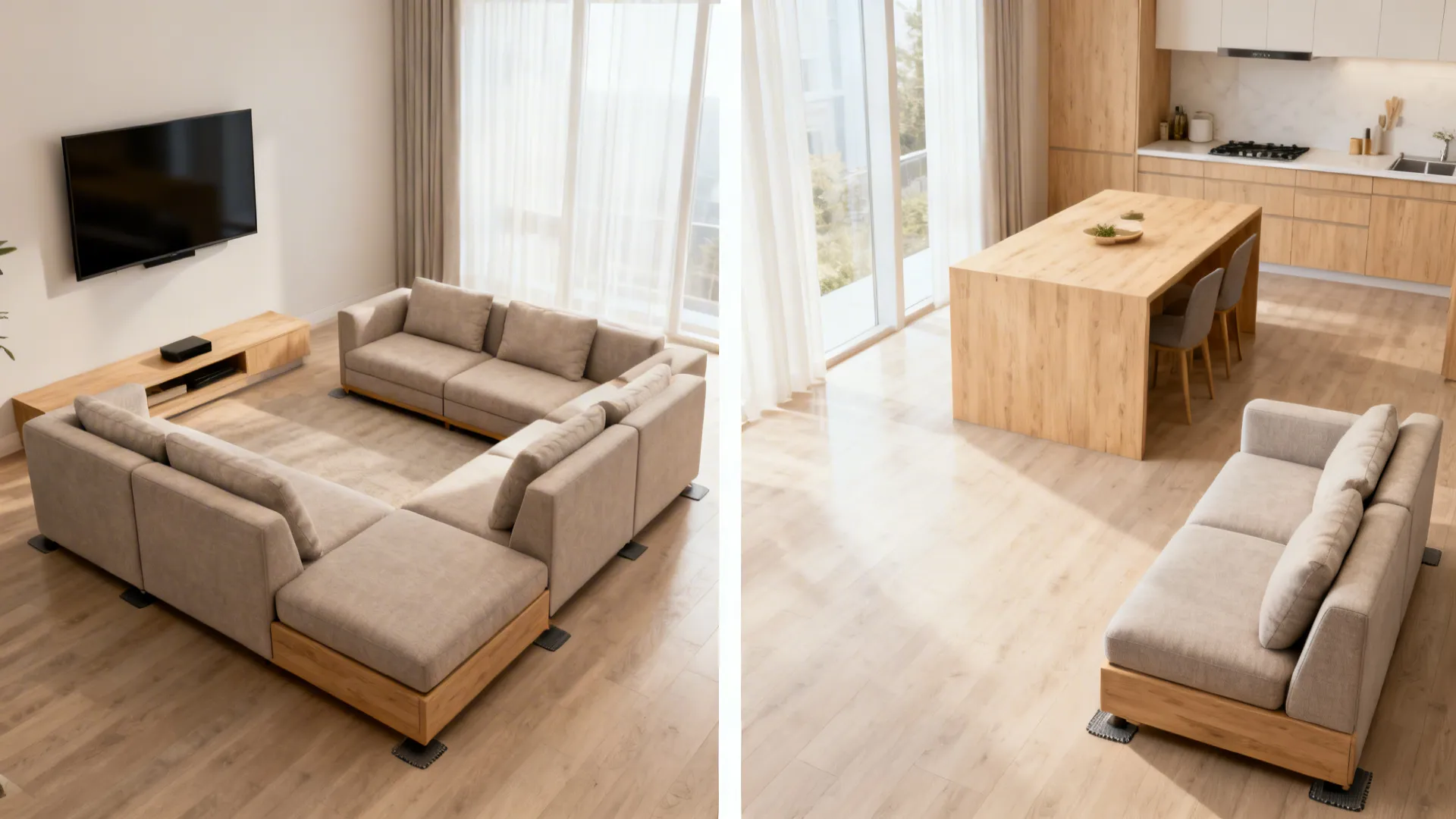 Modular sectional shifts from U-shape to spaced layout to open the kitchen aisle.