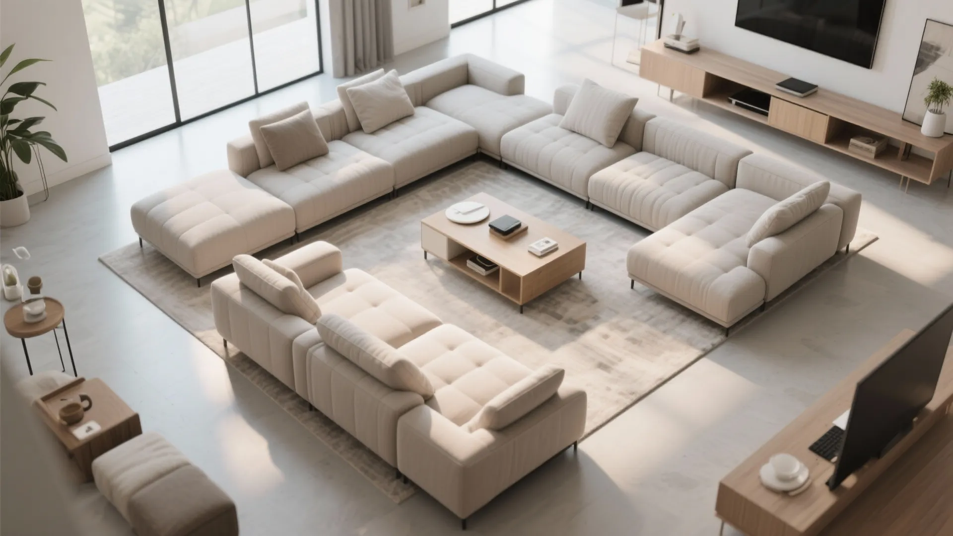 Large modular beige sofa arranged in a square shape around a small wooden coffee table