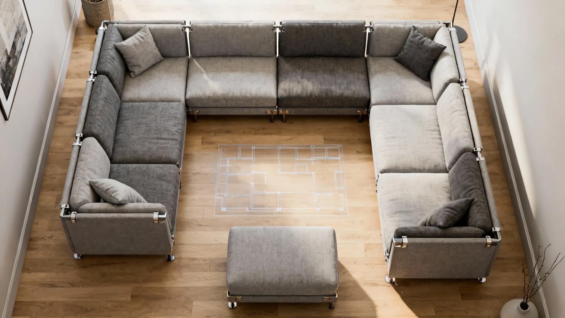 Top-down view showing modular sectional pieces reconfigured and a floor planner overlay.