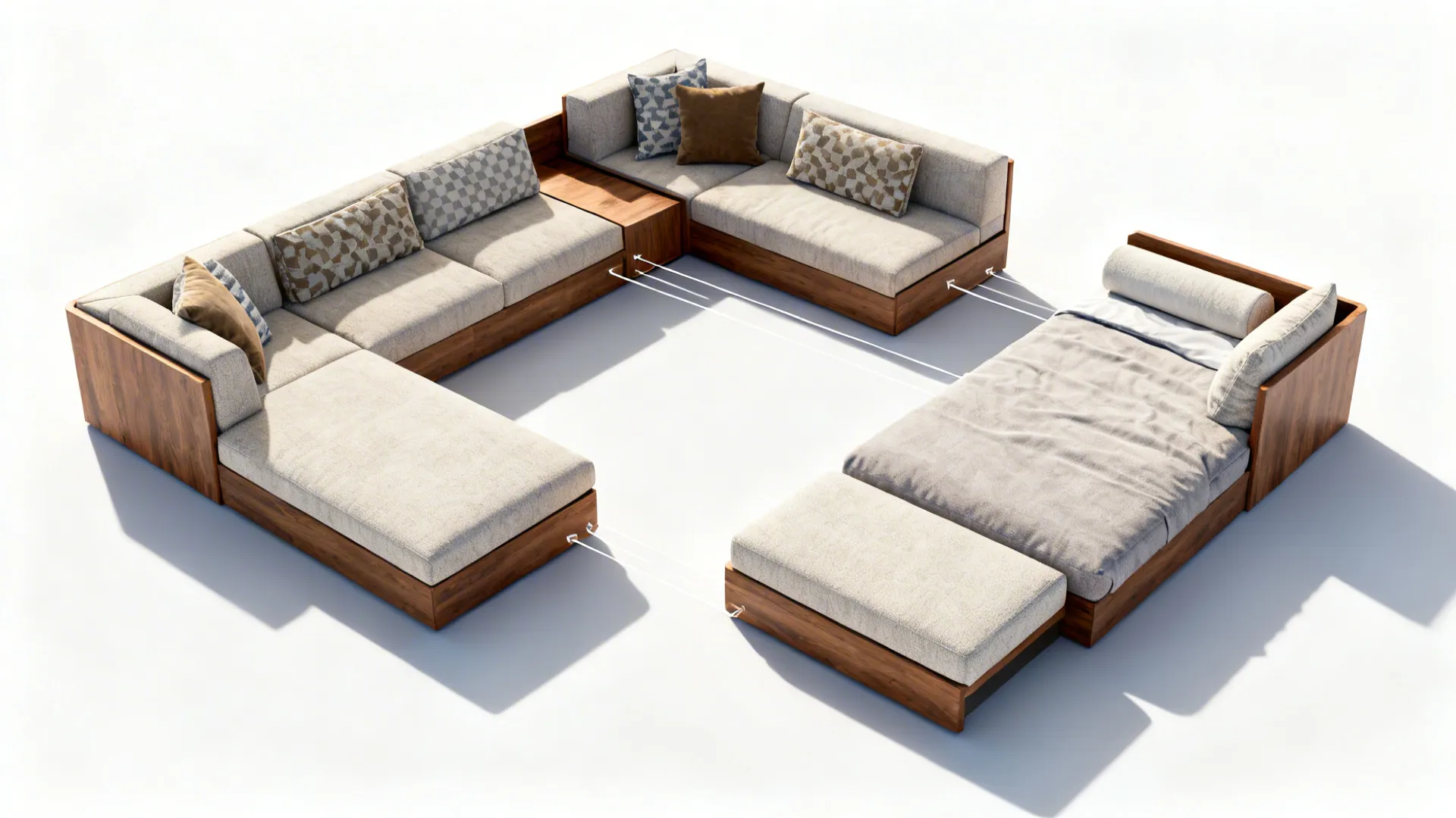 Modular wooden sectional shown in multiple flexible arrangements in a small living room.
