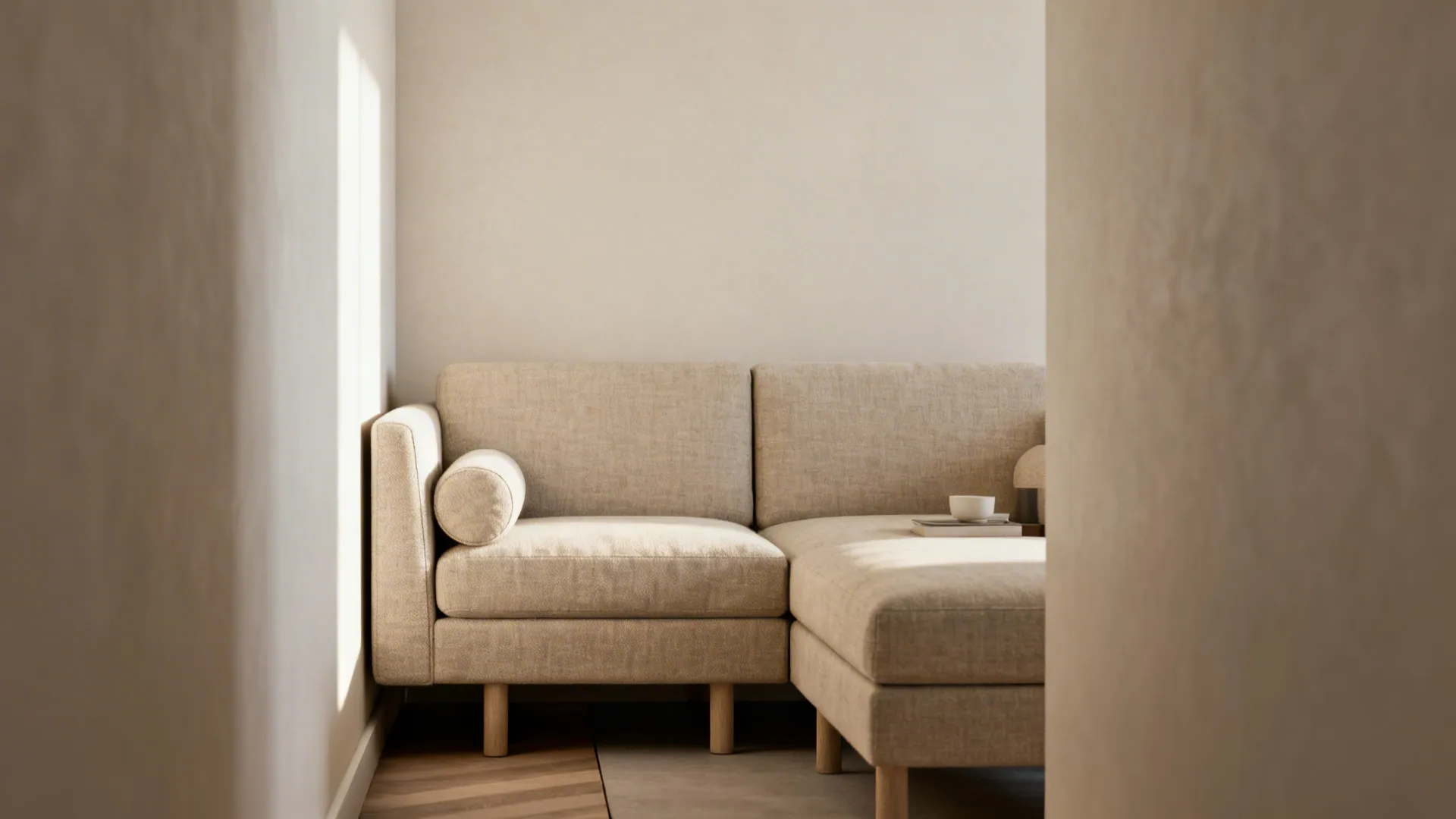 Narrow apartment corner with a compact modular sectional and open walkway