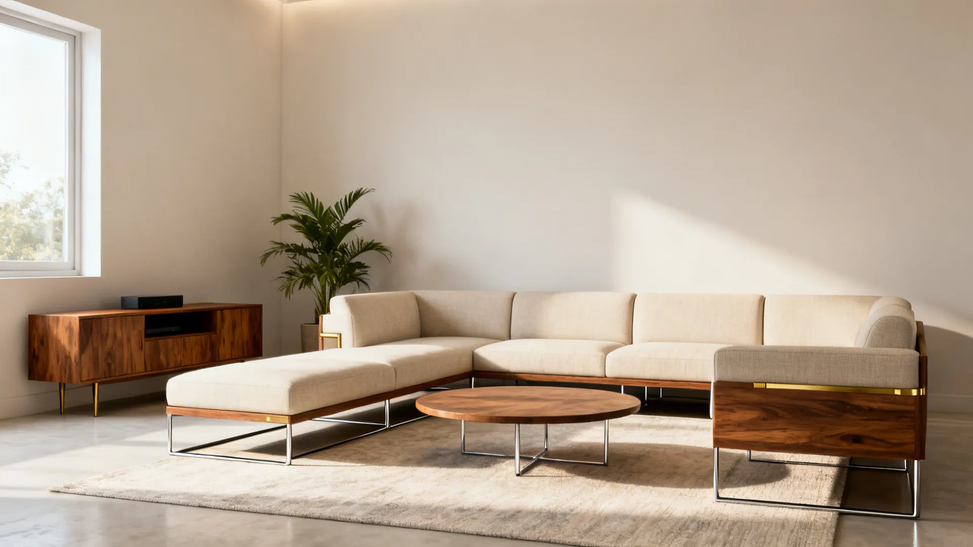 Low-profile modular sectional with raised legs creating airy visual space in a small Indian living room.