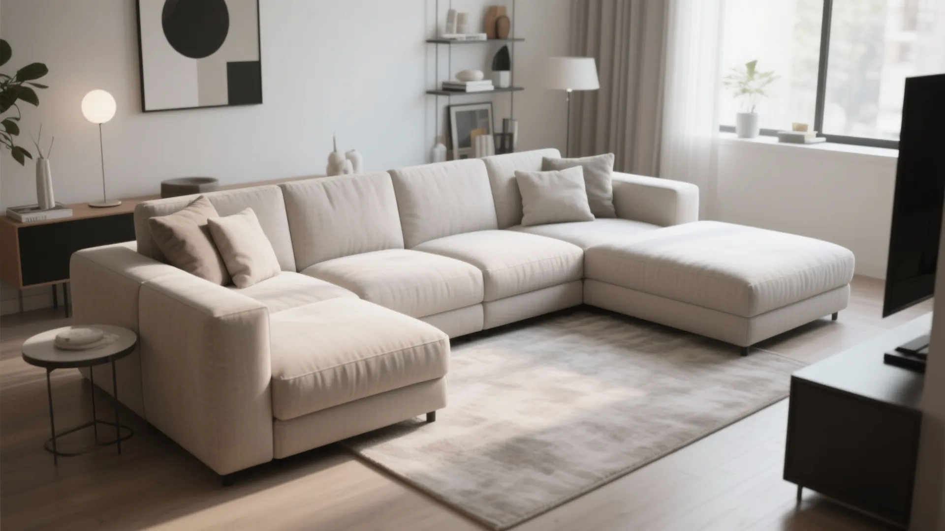 Modern cream modular sofa in a bright living room with wooden floors and neutral decor