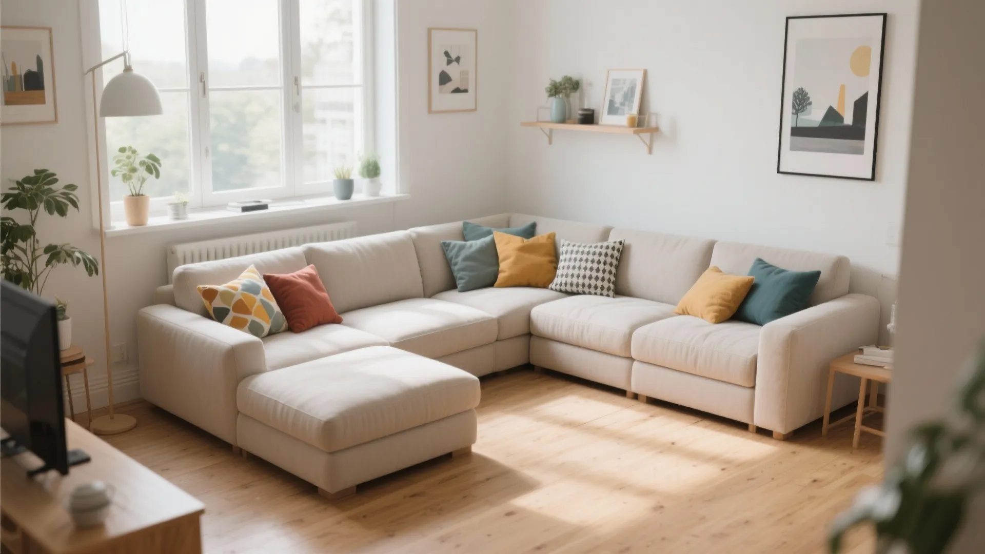 Neutral modular sectional sofa in a bright airy small living room