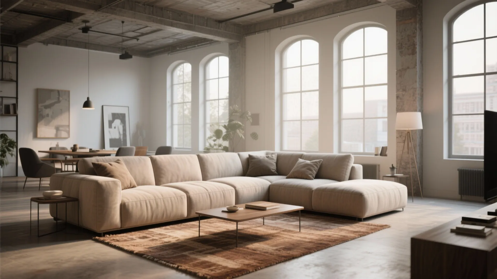 Industrial style living room with large beige sofa wooden coffee table and arched window views