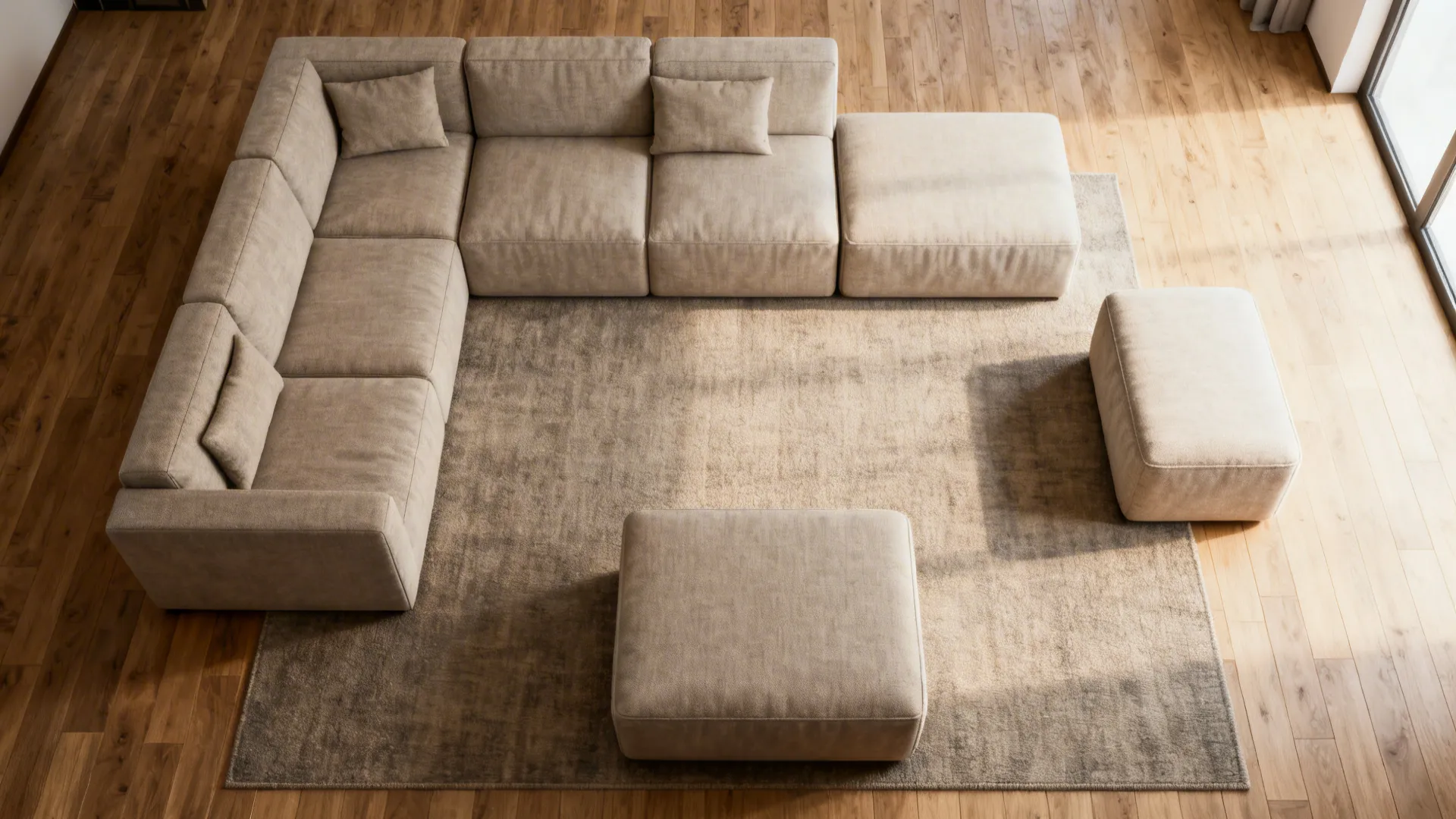 Top-down view of modular sectional pieces arranged in different layouts to demonstrate flexibility.
