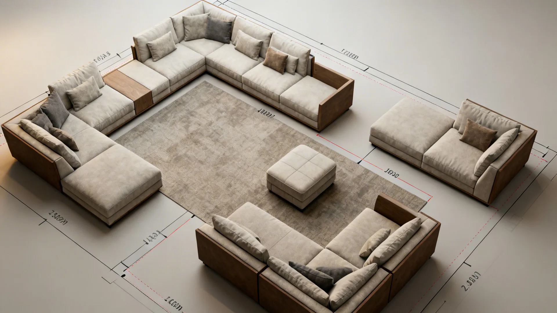 Top-down view of modular sectional configurations on a small living room floor plan.