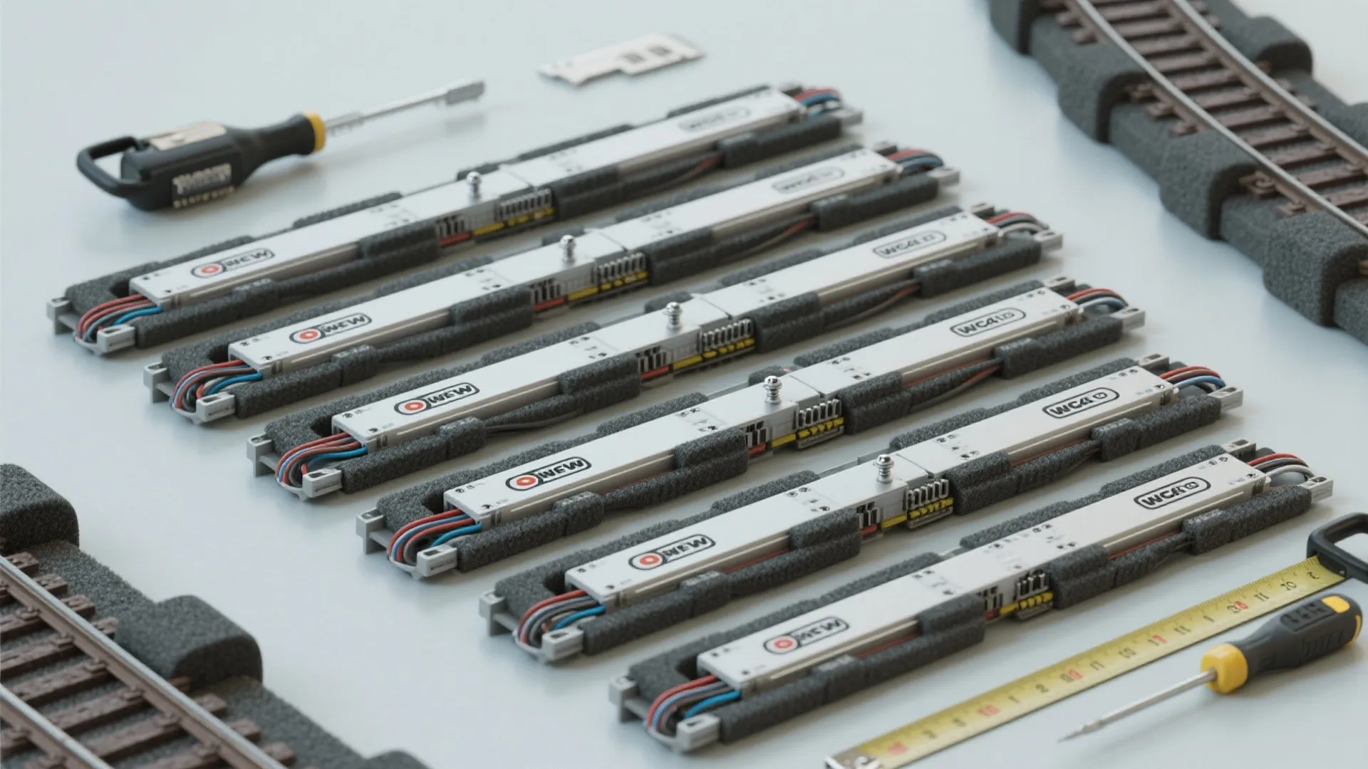Row of electronic model train components with colored wires next to screwdriver and measuring tape