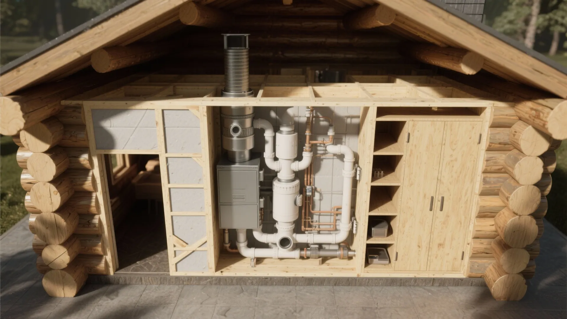Cross section of a log cabin showing water pipes heating system and wooden wall cabinet design