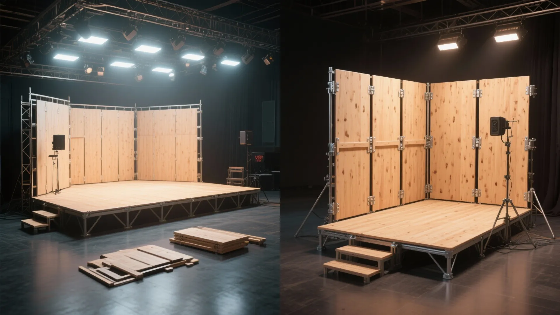 Side by side comparison of a wood stage setup in a dark studio with lights