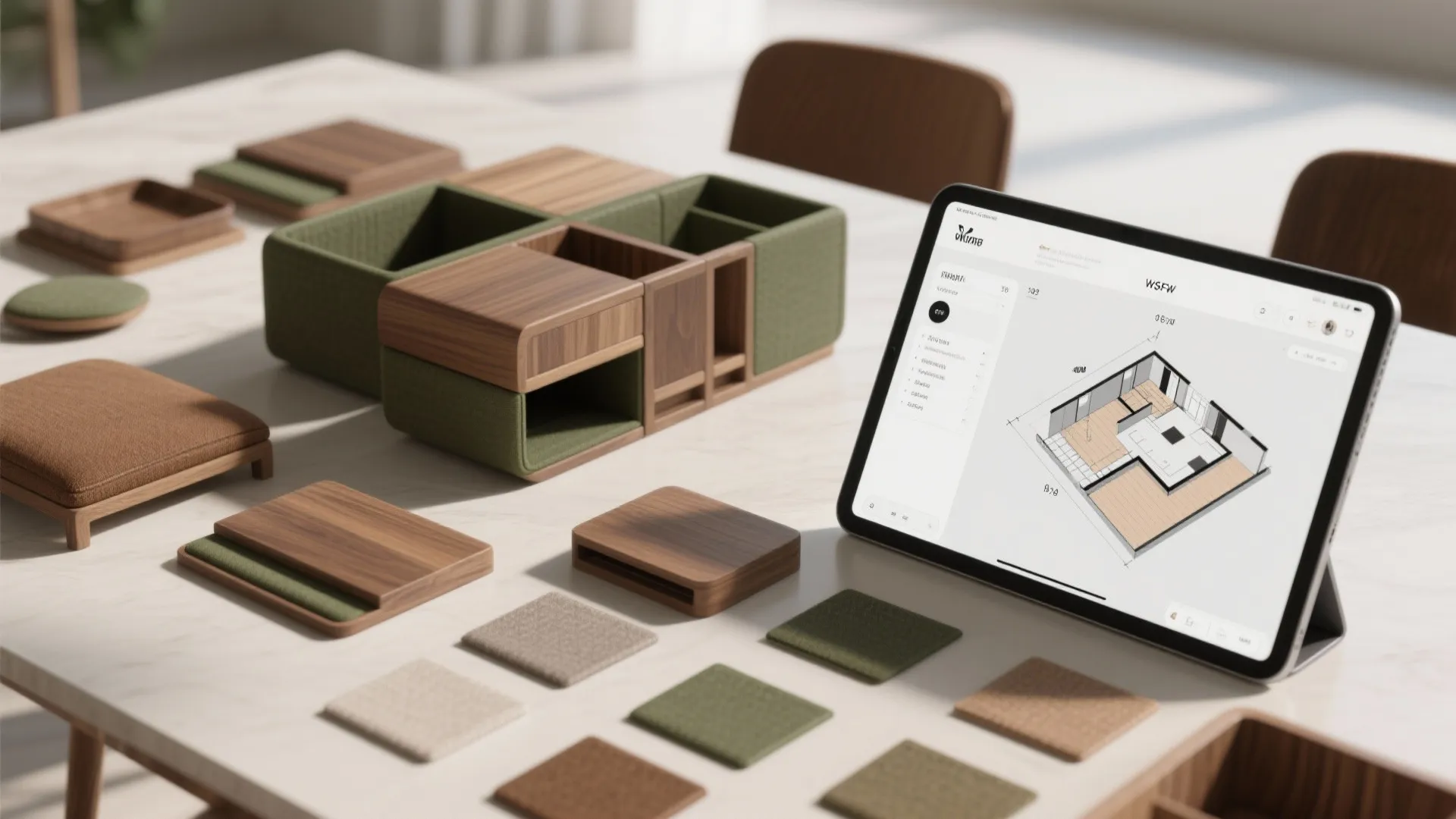 Flatlay of modular dining set parts, material swatches and a tablet displaying a 3D floor-plan visualization.