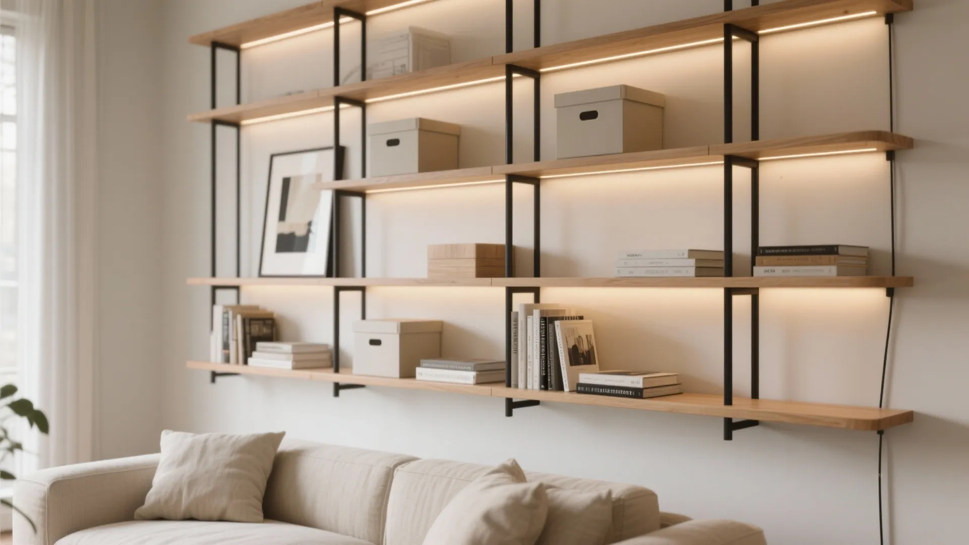Modular Shelving Accent Wall with Hidden Lighting
