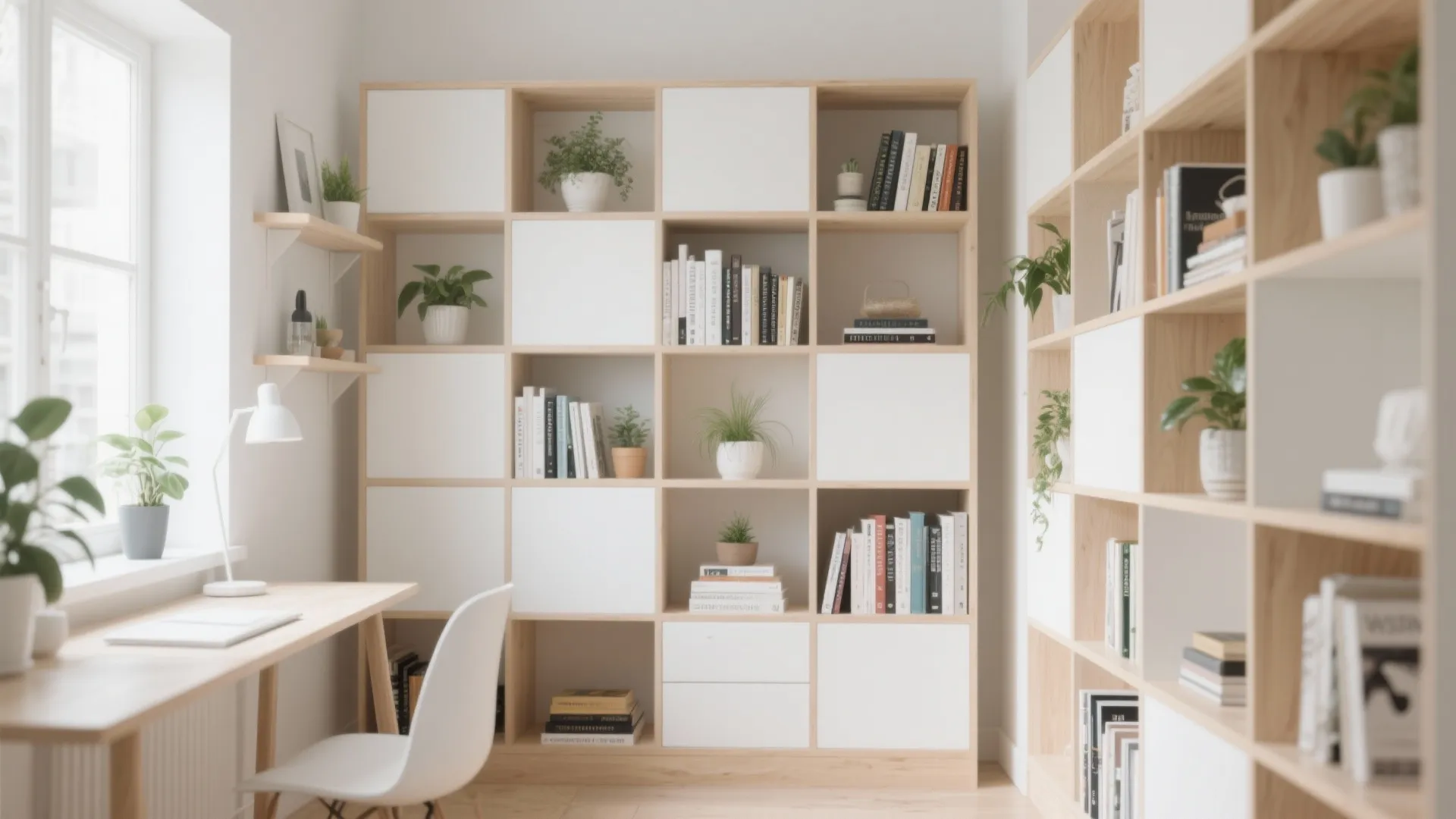 Home office with large wooden bookshelf storage unit white chair wooden desk and green plants