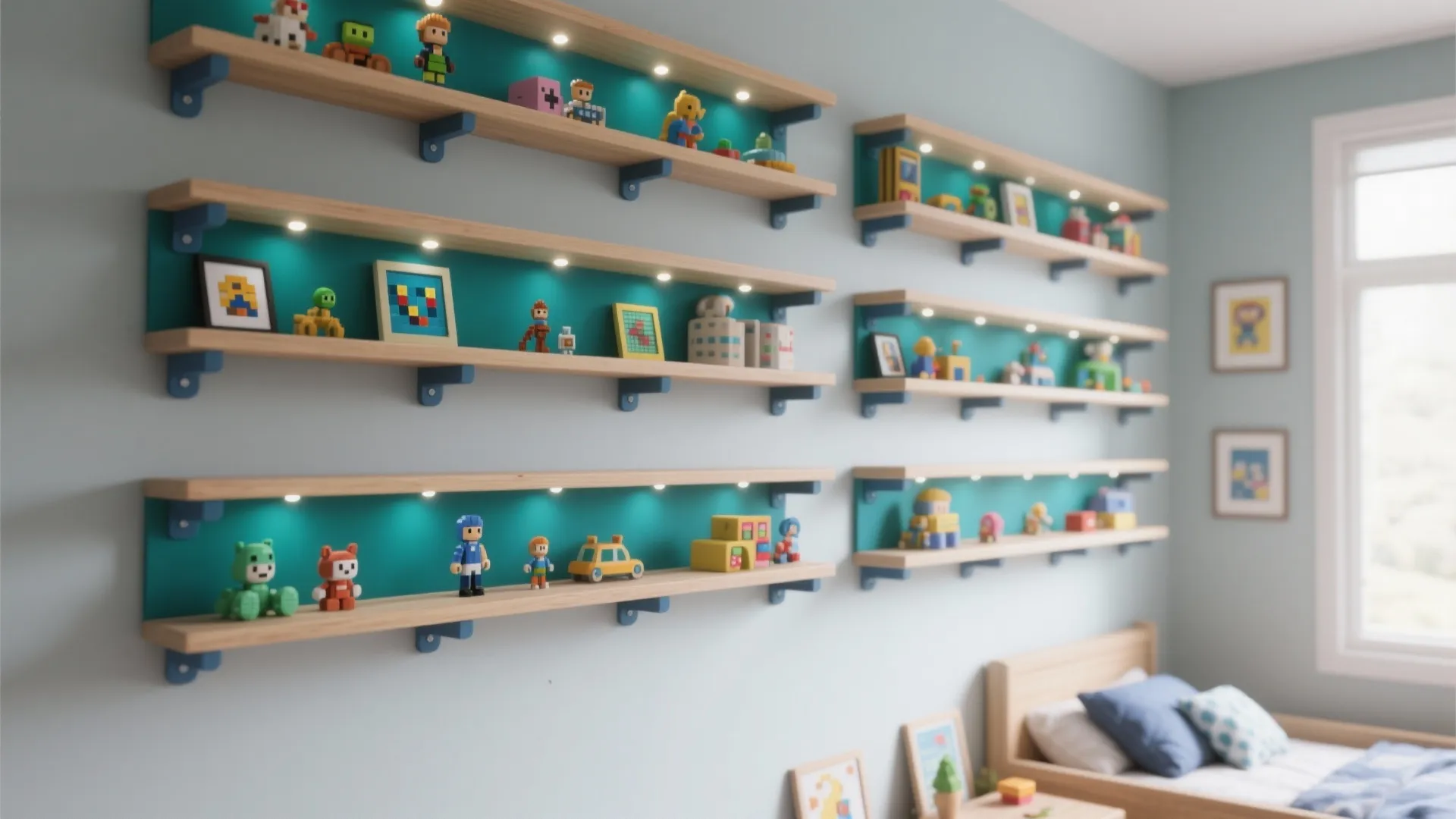 Wooden wall shelves with built in light fixtures displaying small colorful toys and pixel art