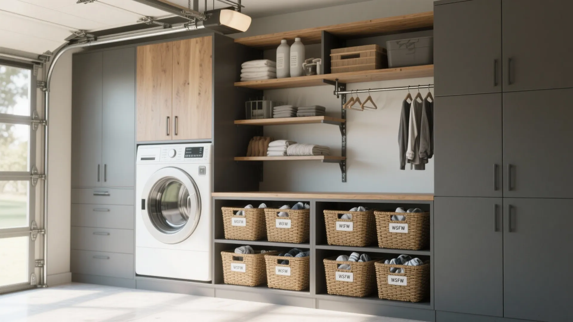 Grey garage storage cabinets with washing machine wooden shelves hanging clothes and multiple labeled woven baskets