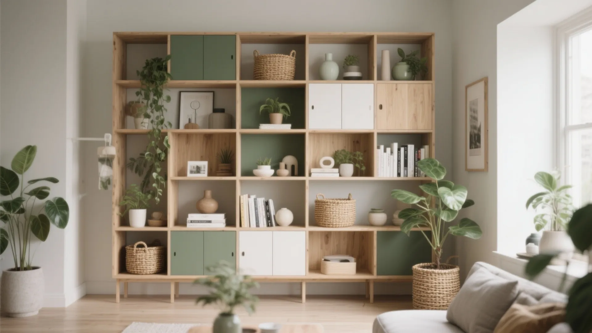 Large wooden bookshelf with green and white cabinet doors holding books plants and woven baskets