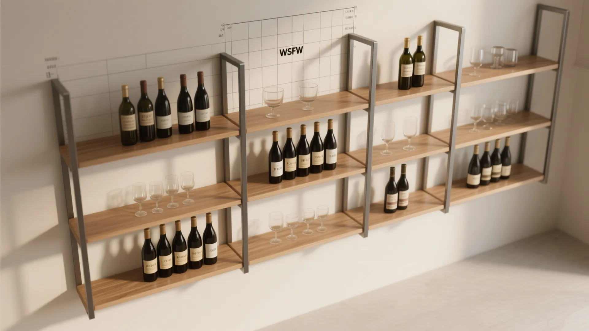 Wall mounted modular wooden shelves with metal frames holding wine bottles and clear wine glasses