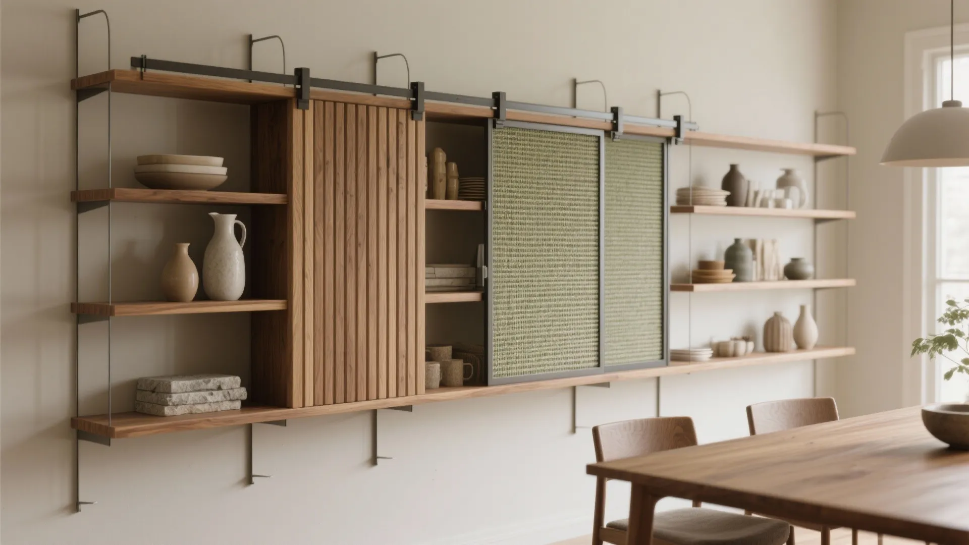Modular Open Shelving with Sliding Panels
