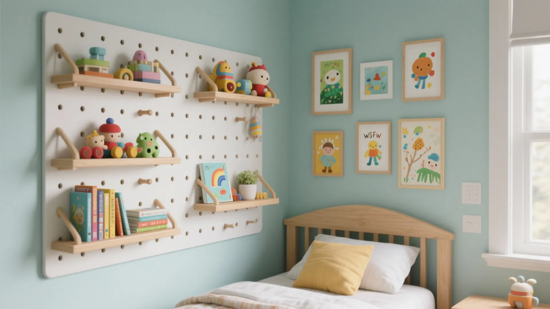Kids bedroom with blue walls, white pegboard for toys, framed art, and a wooden bed