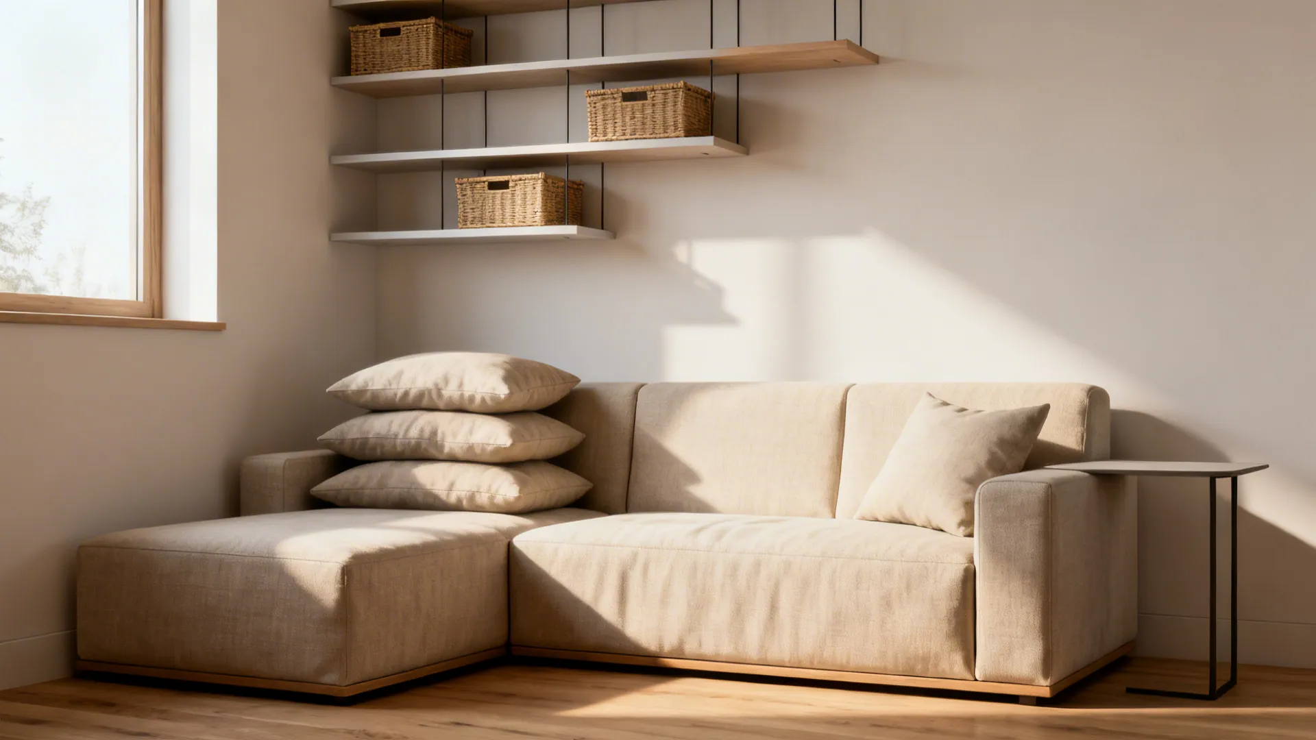 Compact modular sofa with floating shelves and storage in a small modern living room.