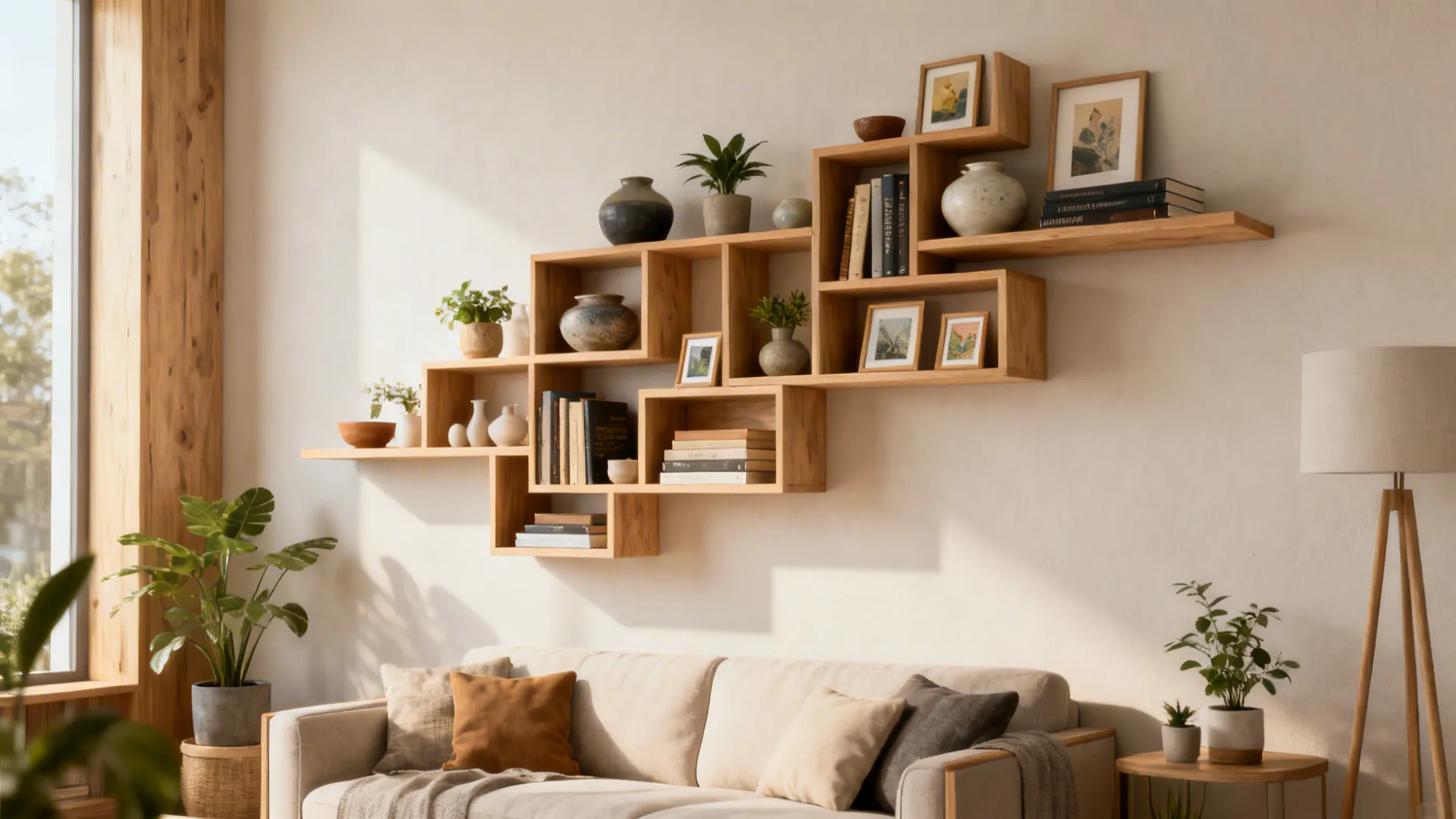 Staggered floating shelves arranged as a curated still-life with ceramics and plants